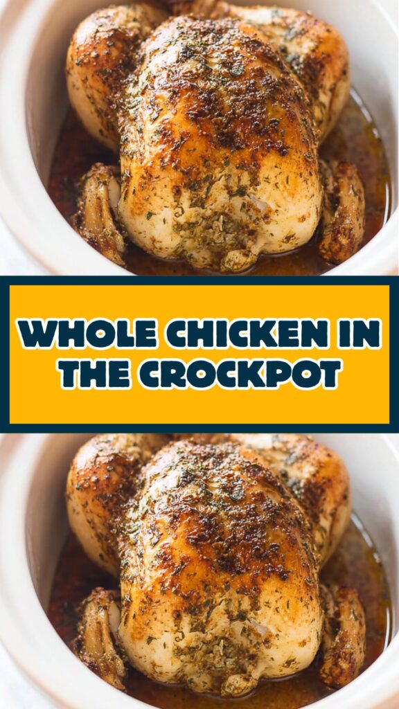 Golden roasted whole chicken in a crockpot, seasoned with herbs and butter.