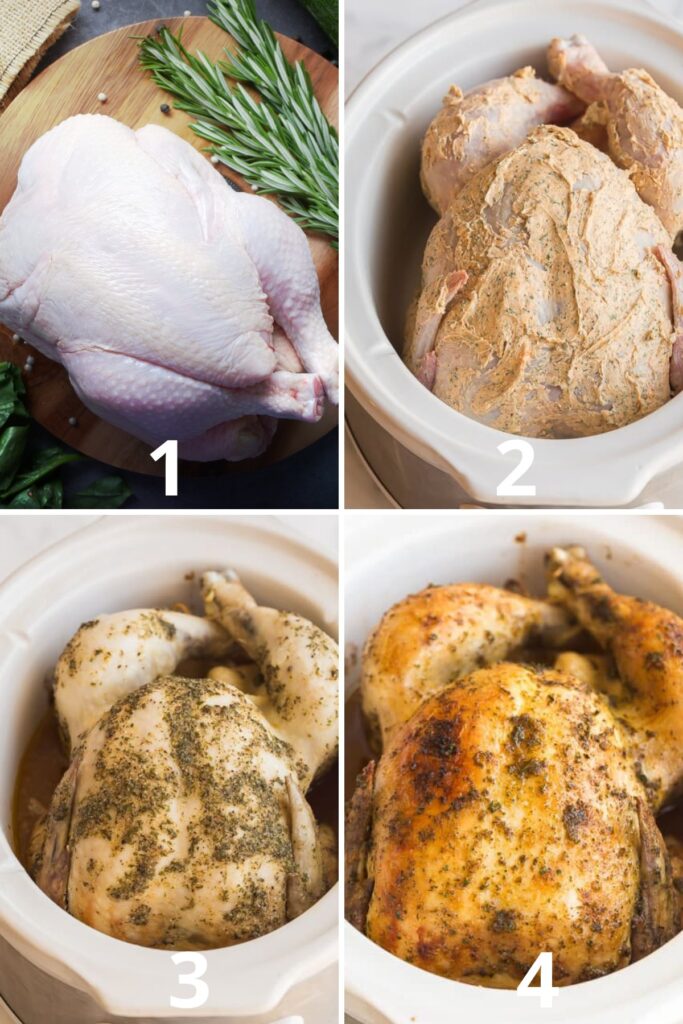 Step-by-step process of making crockpot whole chicken from raw to golden brown.