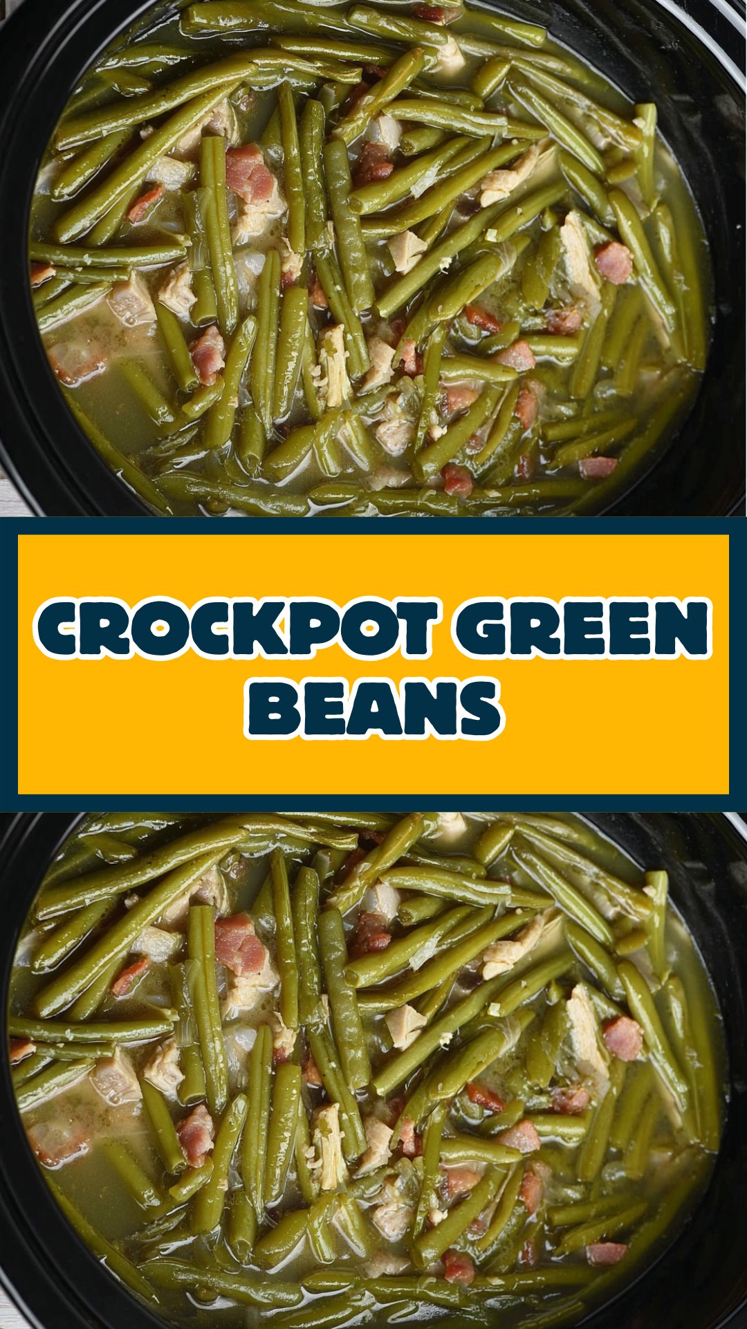 op view of slow-cooked green beans with bacon in a crockpot, labeled