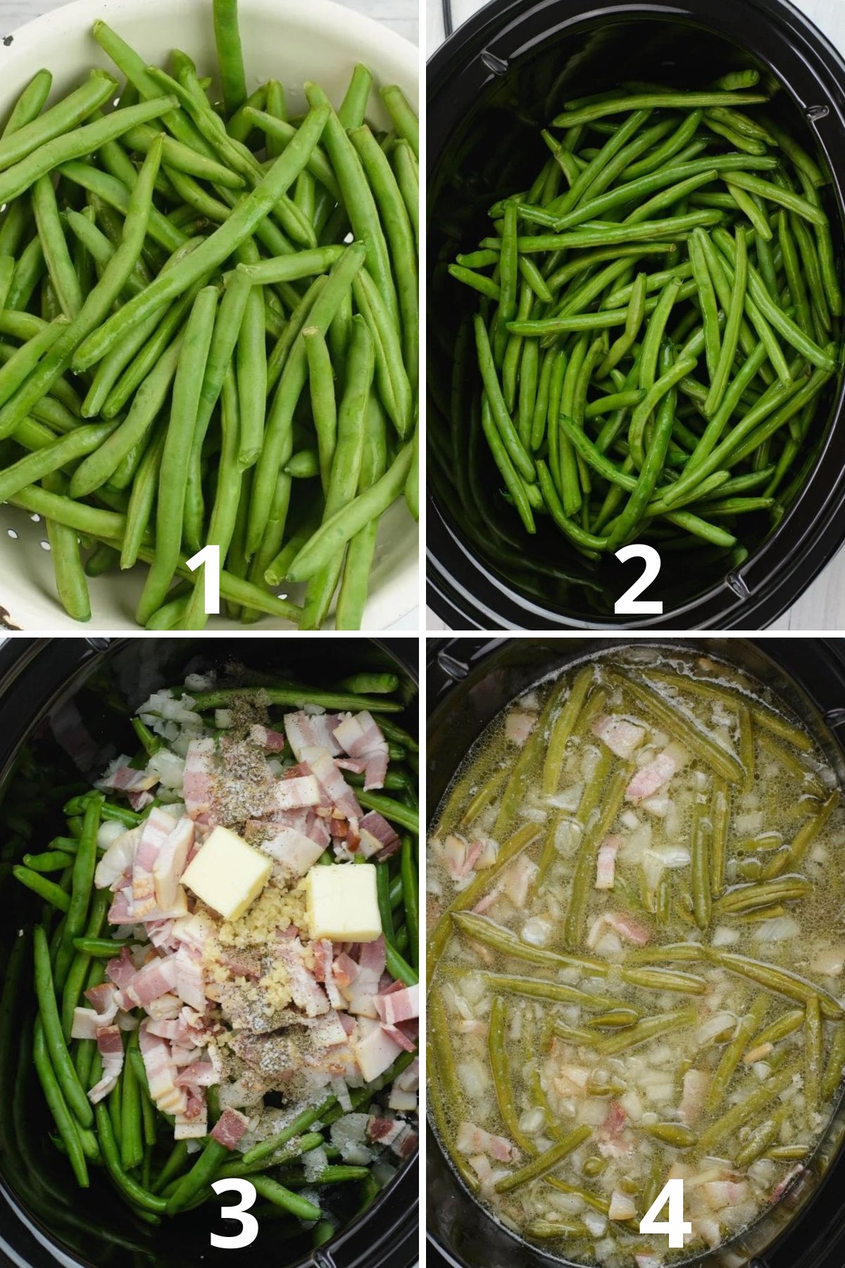 Collage of four images showing the process of making crockpot green beans with fresh beans, bacon, onion, garlic, and broth.