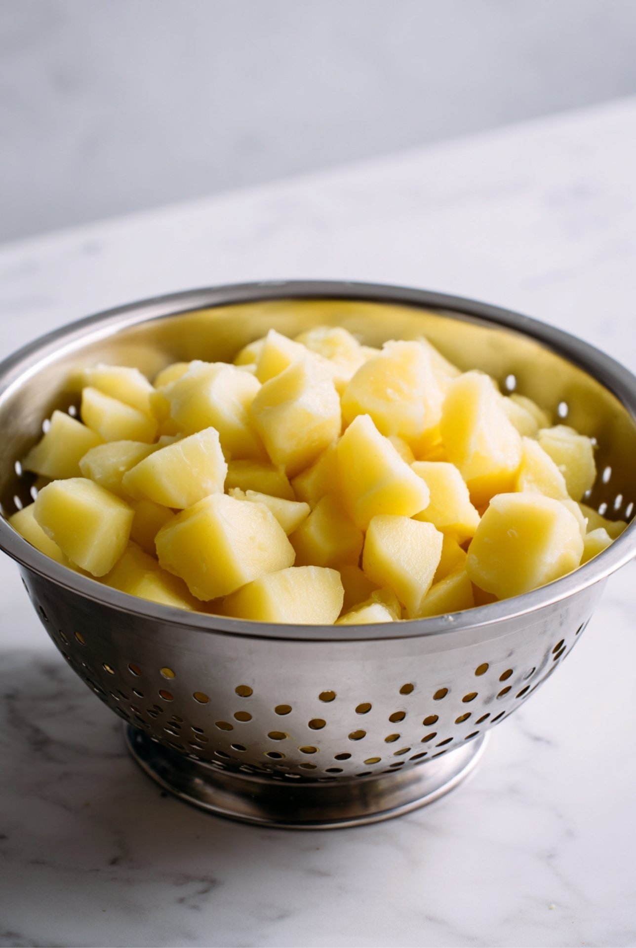 Colander of boiled potato chunks for making German potato salad.