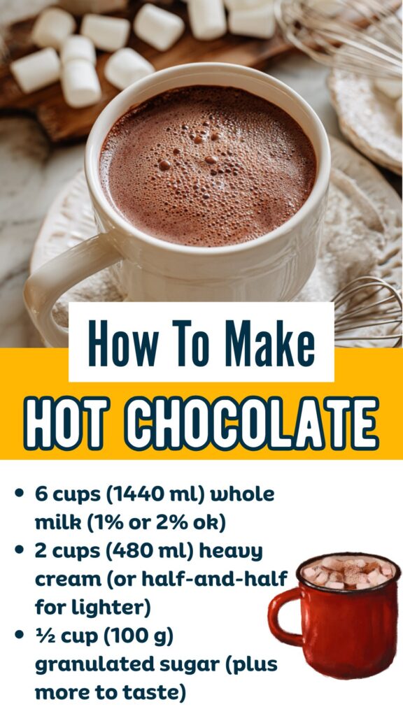 Crockpot hot chocolate ingredient graphic with cocoa and milk.