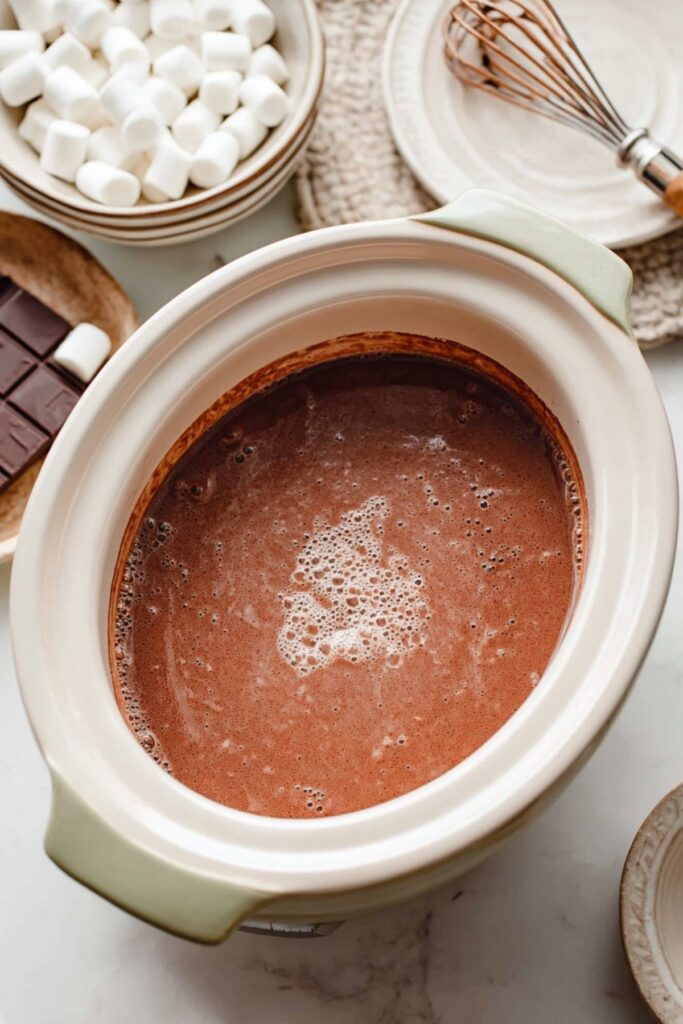 Crockpot filled with hot chocolate, marshmallows on side.