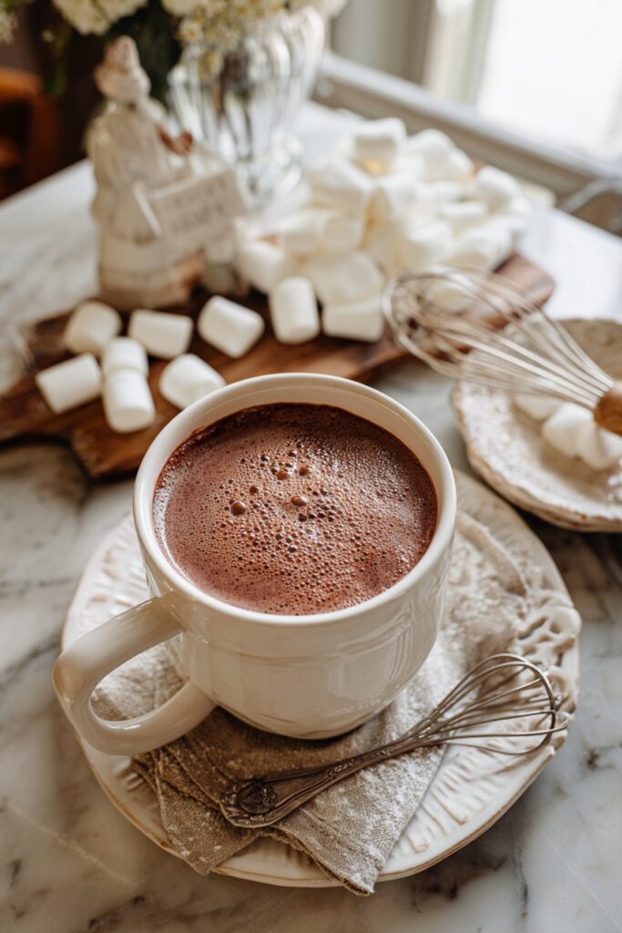 Mug of crockpot hot chocolate with marshmallows in background.