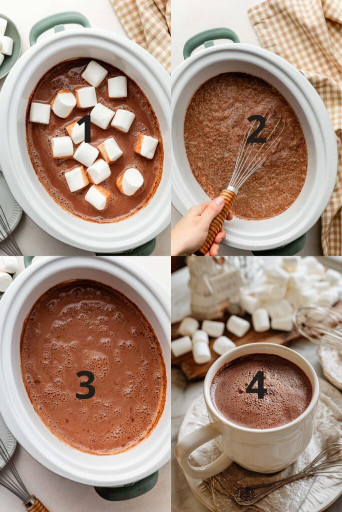 Step-by-step process of making crockpot hot chocolate in slow cooker.
