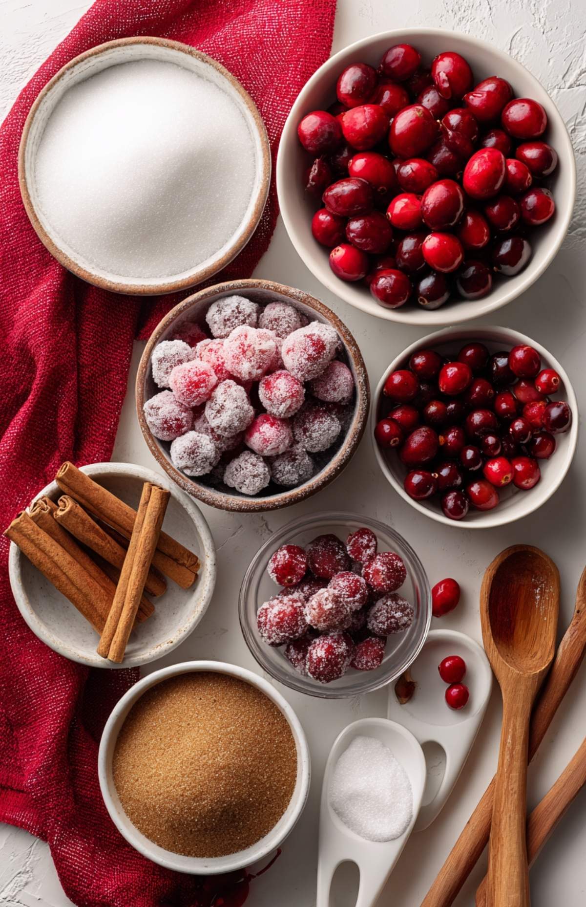 Flat lay of Christmas jam crockpot ingredients including cranberries, sugar, brown sugar, and cinnamon sticks on a red cloth.