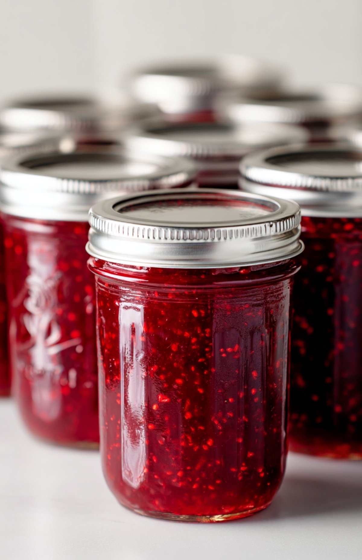Jars of homemade Christmas jam with silver lids, labeled as a festive crockpot recipe.