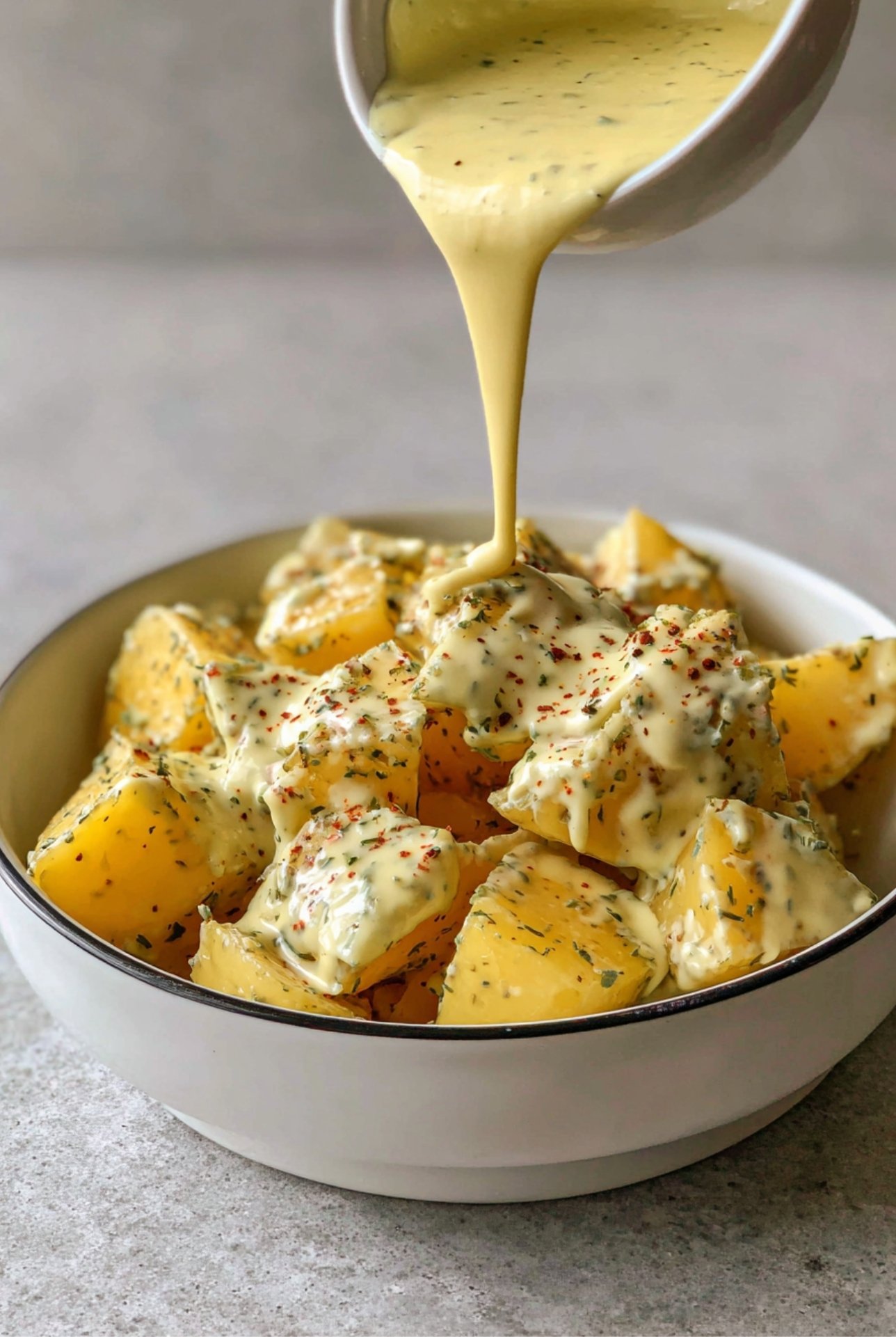 Fresh boiled potatoes topped with creamy homemade potato salad dressing.