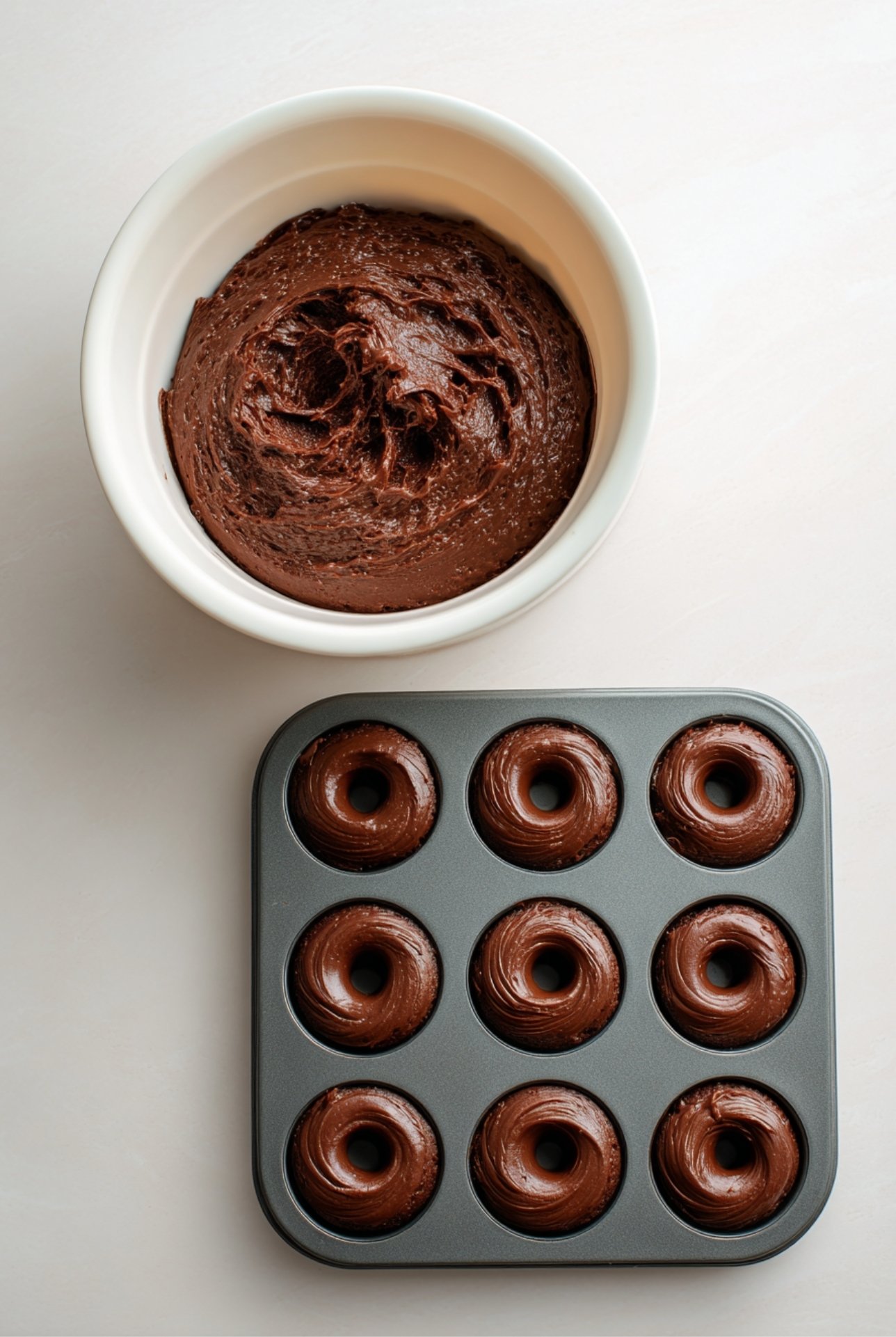Overhead shot of chocolate donut batter in a mixing bowl and piped into a donut pan, showing the first step in making easy baked cake mix donuts.