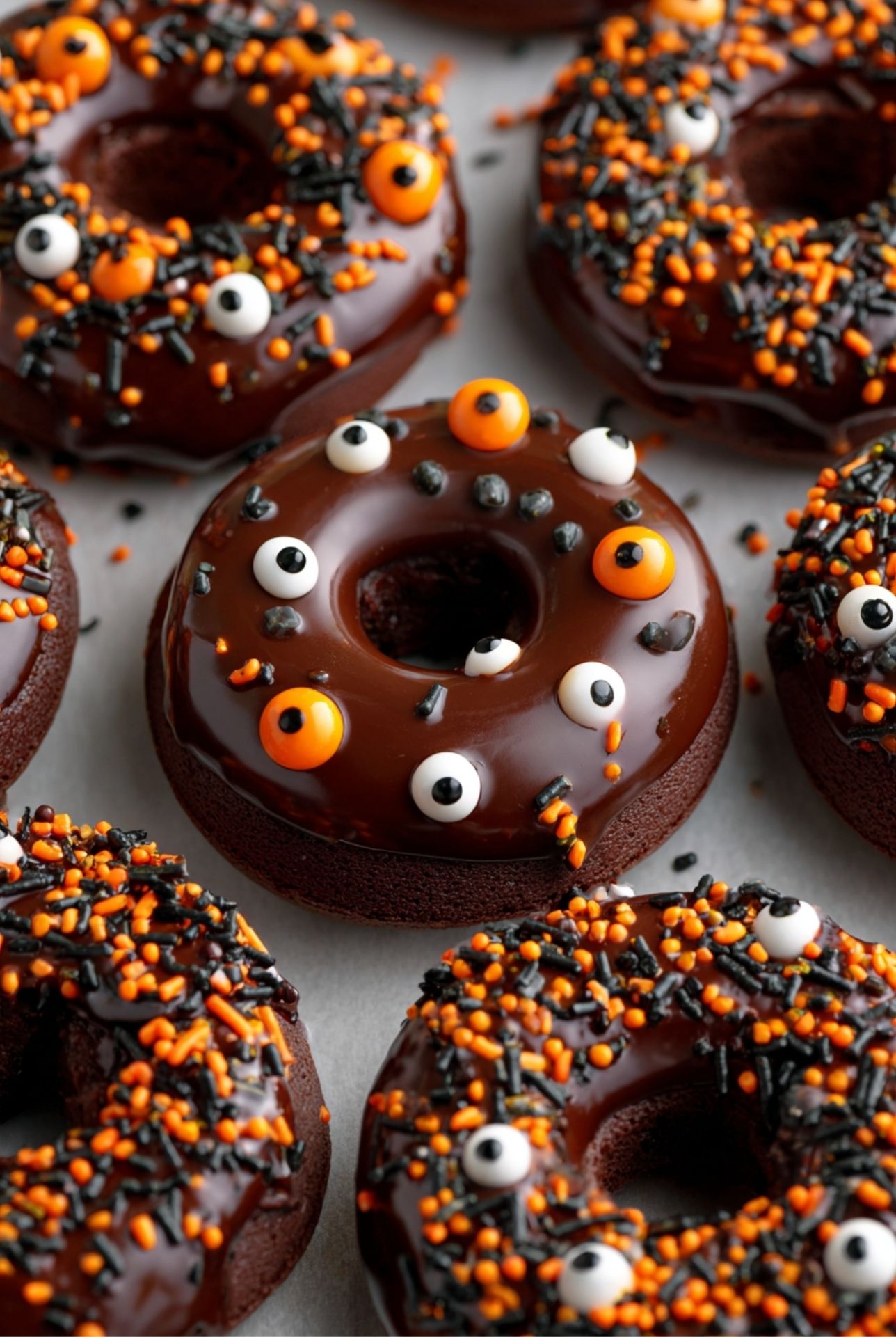 Close-up of a chocolate-glazed donut topped with candy eyeball decorations and colorful Halloween sprinkles.