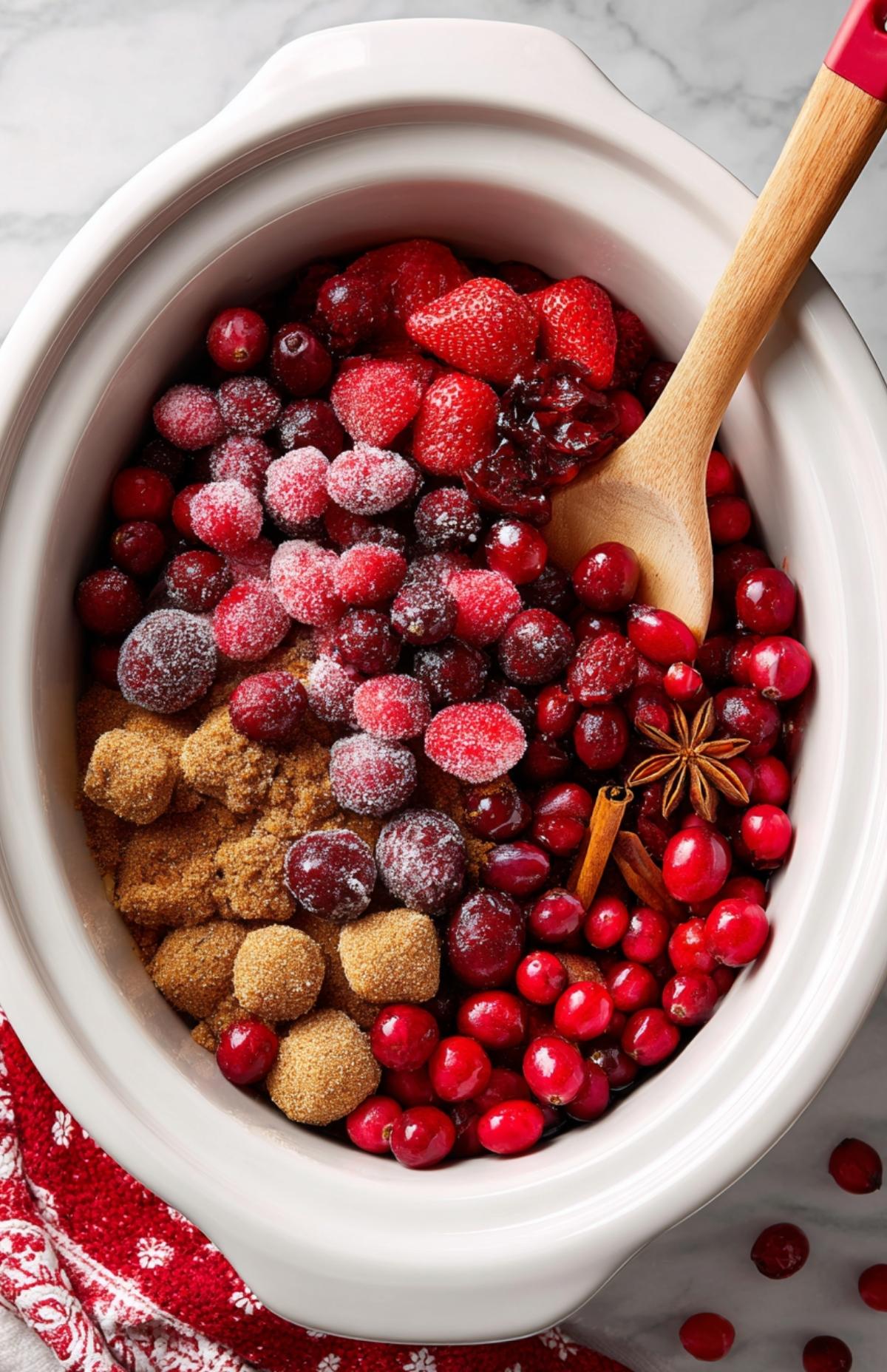 Crockpot filled with cranberries, strawberries, brown sugar, and spices before cooking Christmas jam.