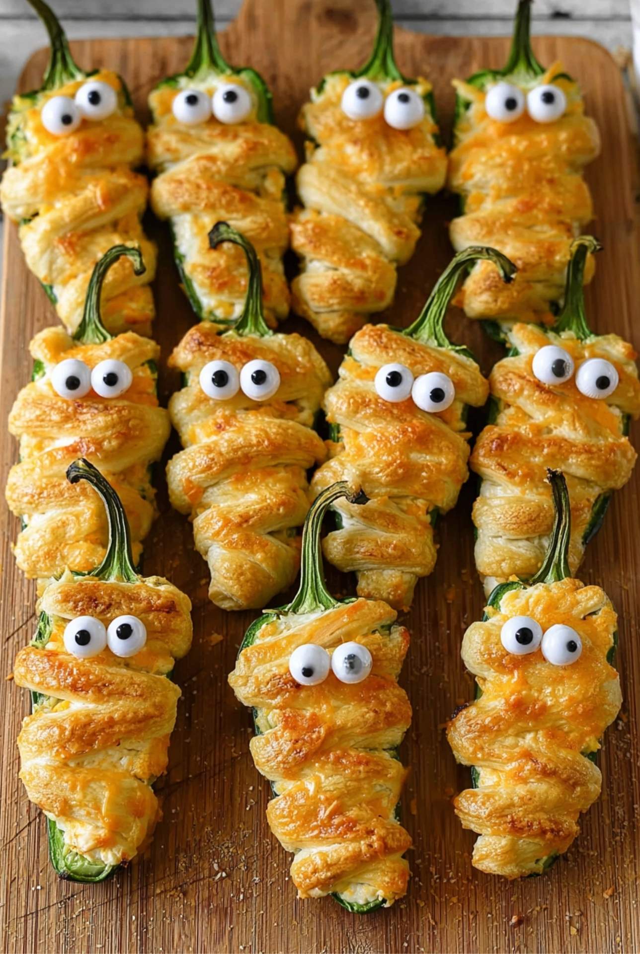 Close-up of jalapeño popper mummies with cheddar cheese filling, wrapped in crescent dough and decorated with candy eyes.
