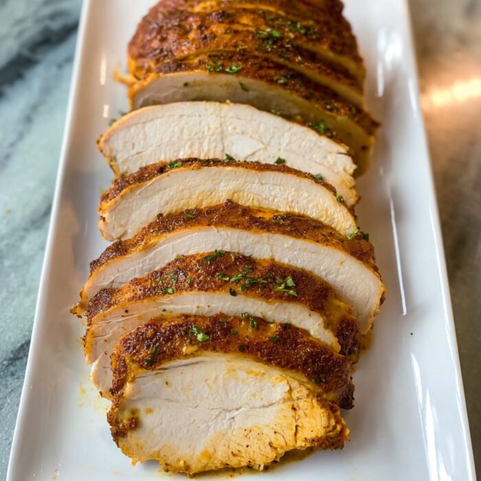 Close-up view of sliced turkey breast with crispy edges and fresh herbs on a white serving tray.