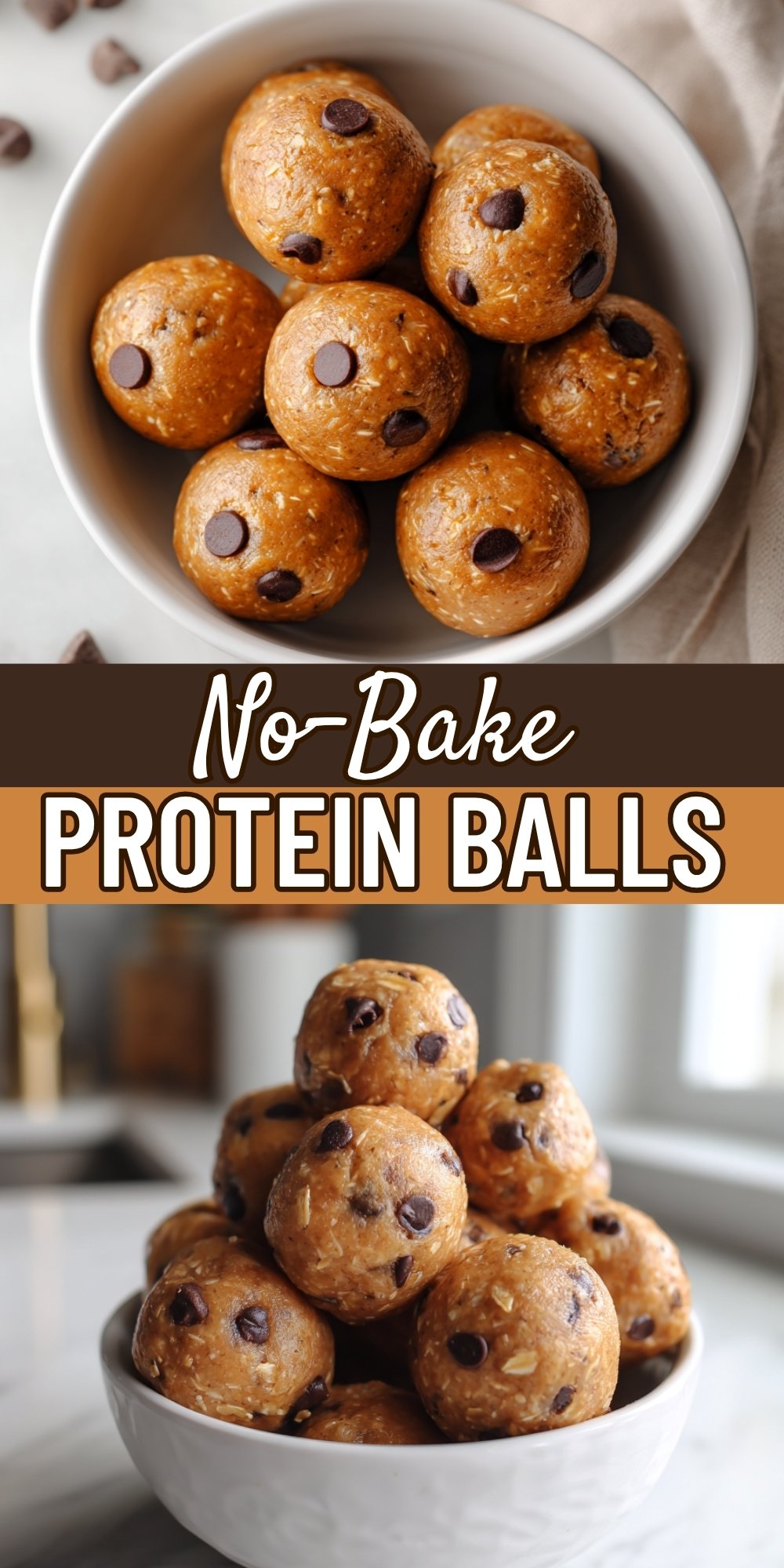 Close-up of smooth, round no bake protein balls with chocolate chips in a white bowl.