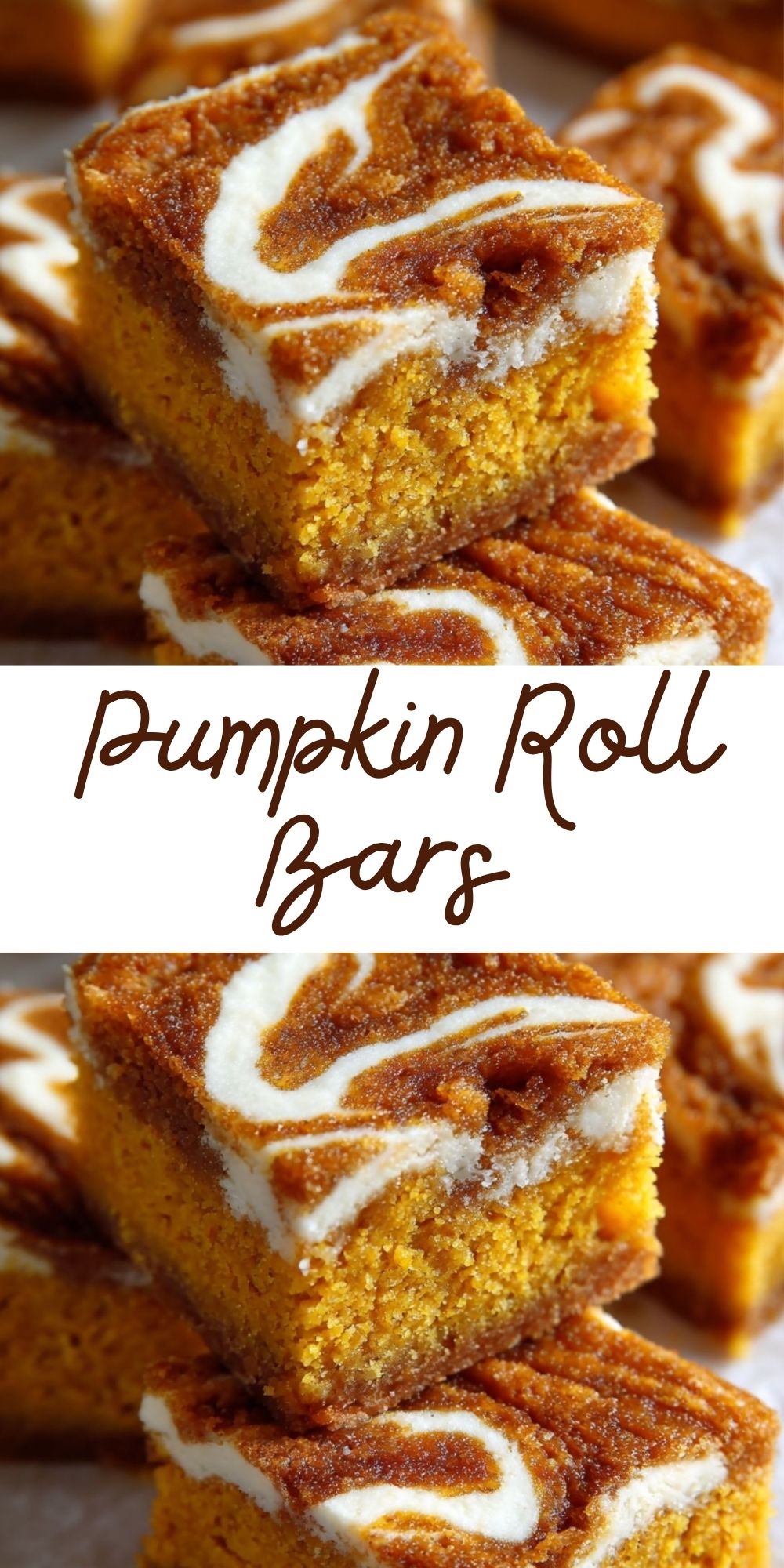 Pumpkin roll bars with cream cheese swirl, cut into squares and stacked on a tray for an easy fall dessert.
