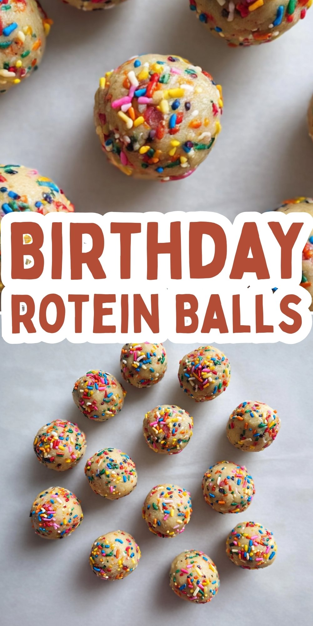 Overhead view of birthday cake protein balls covered in rainbow sprinkles on parchment paper.