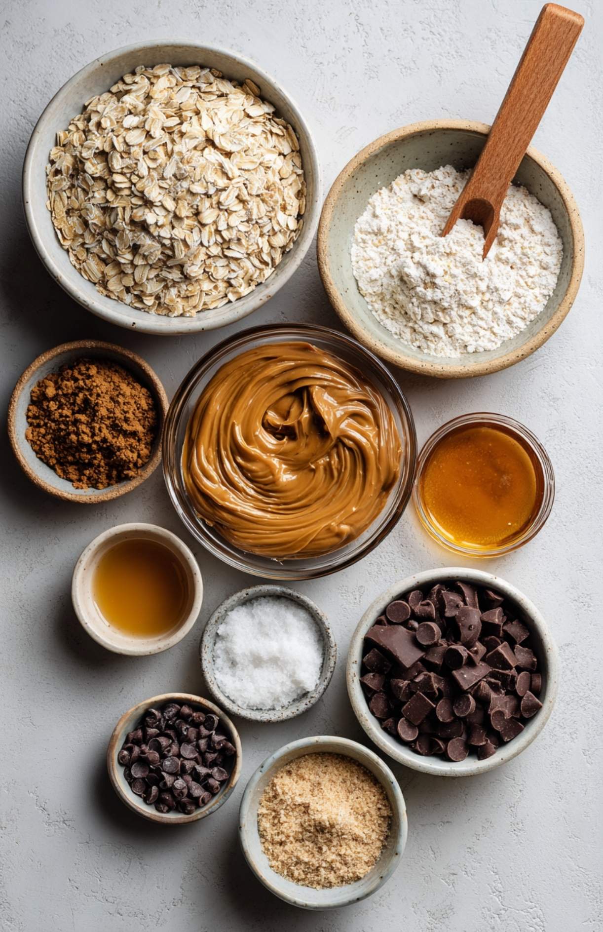 Flat lay of ingredients for protein balls including oats, peanut butter, honey, chocolate chips, and vanilla.