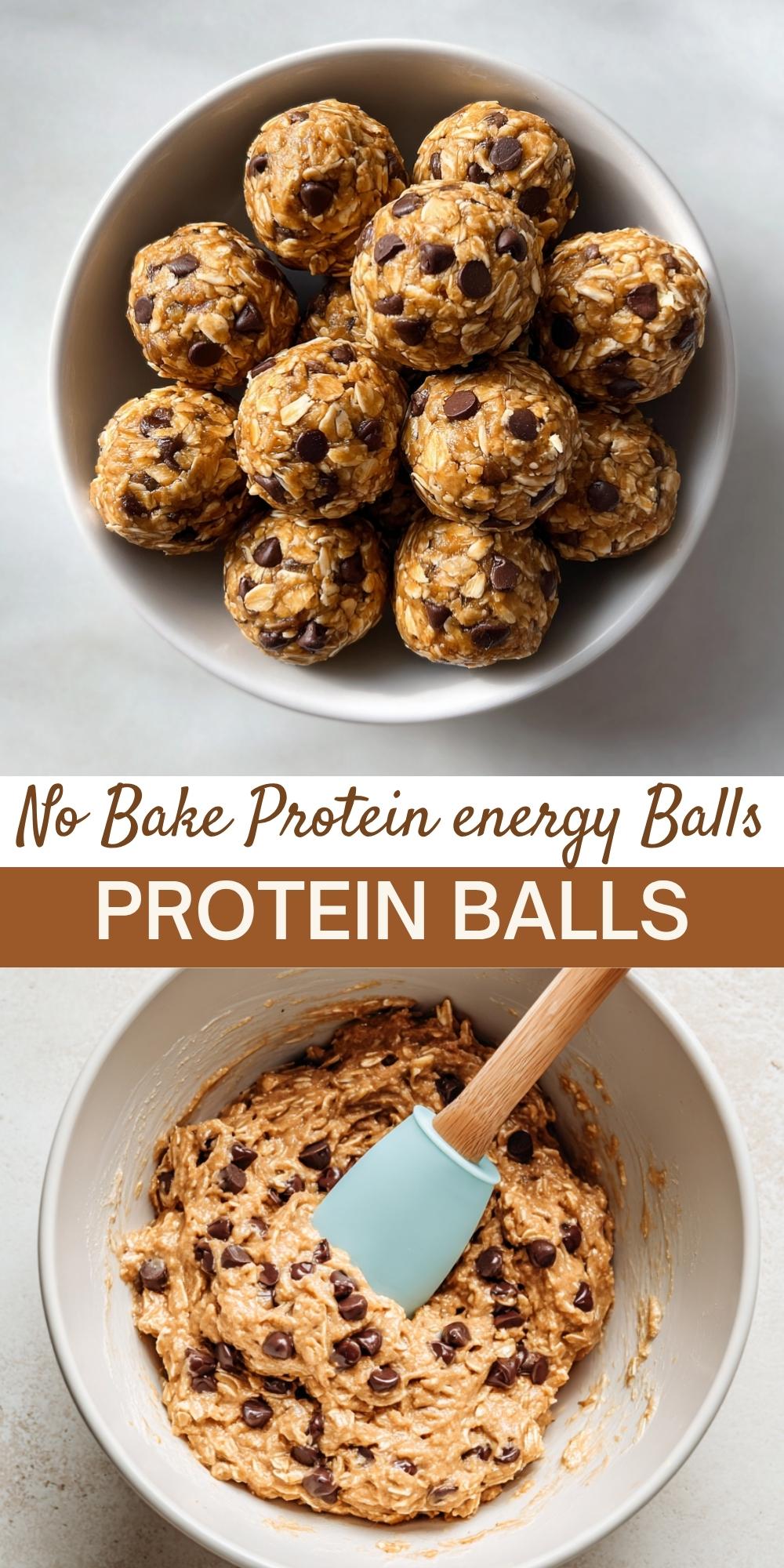 Collage of protein balls in a bowl and mixing bowl of dough with chocolate chips, text overlay “No Bake Protein Balls.”