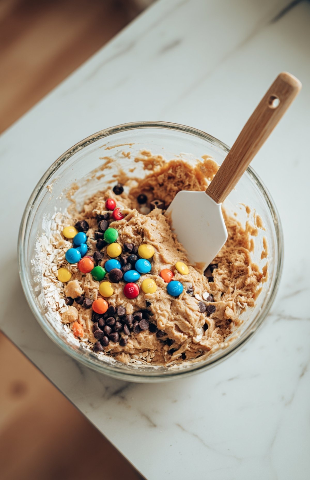 Glass bowl of cookie protein ball mixture with peanut butter, oats, chocolate chips, and colorful M&Ms being stirred with a spatula.