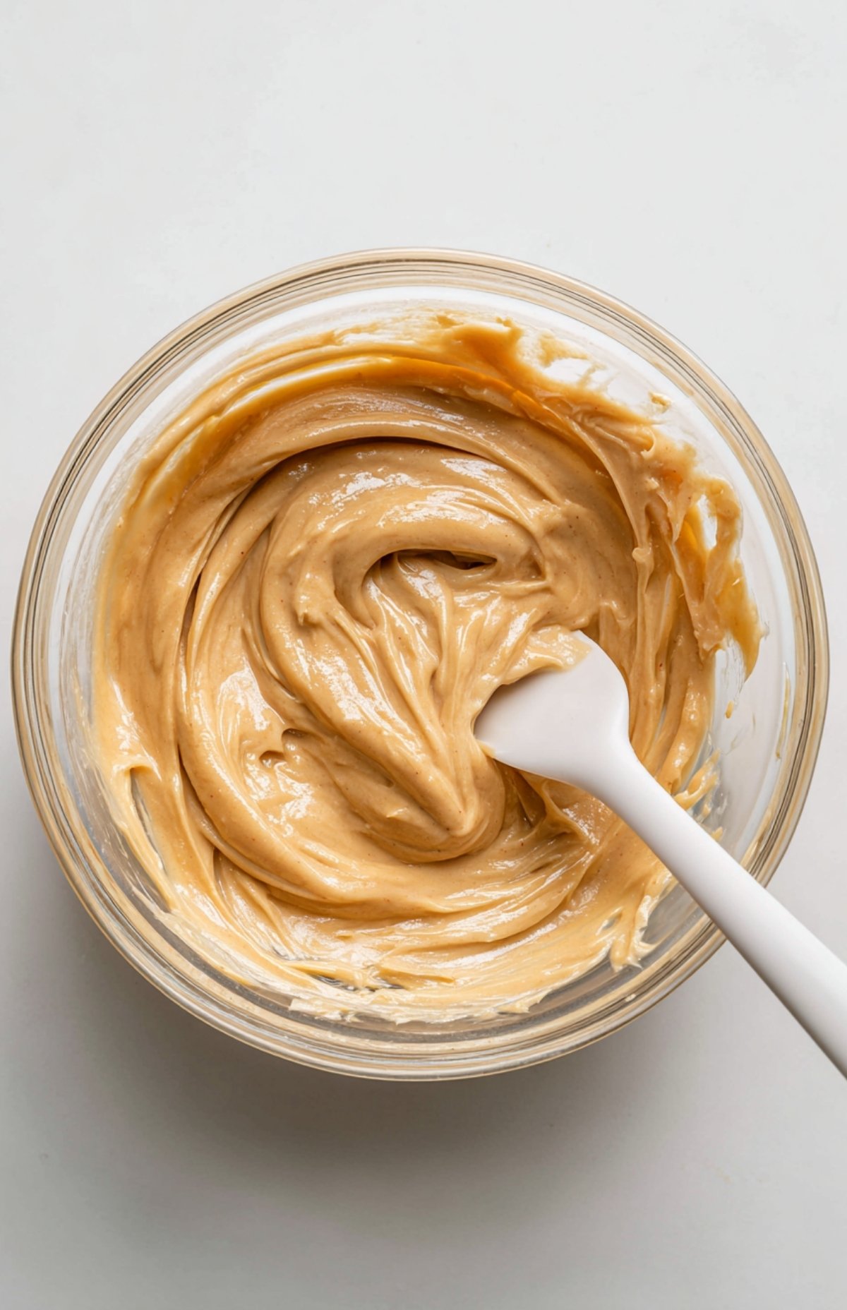 Glass bowl of creamy peanut butter and protein powder being mixed with a white spatula for birthday cake batter protein balls.