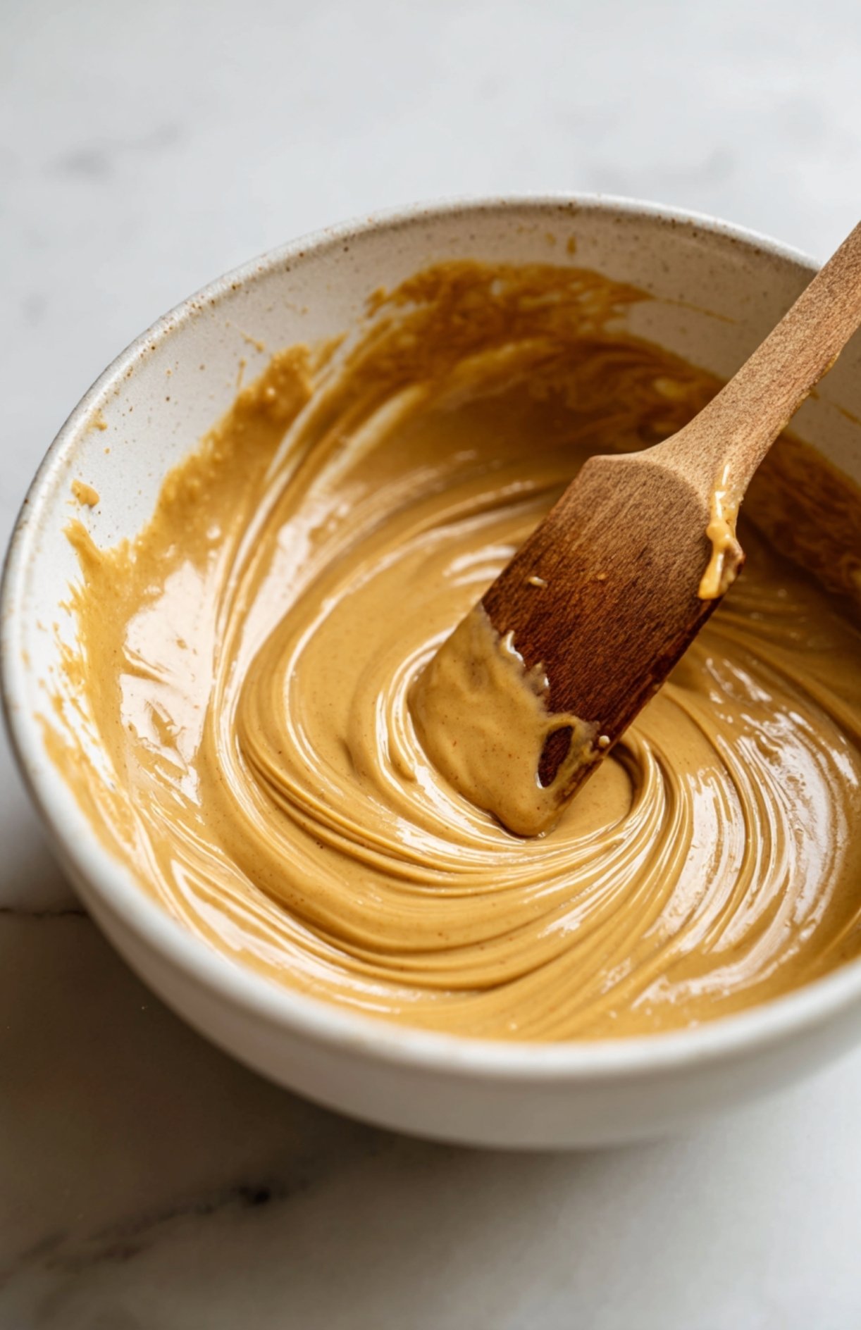 Bowl of creamy peanut butter mixture being stirred, base for high protein energy balls.