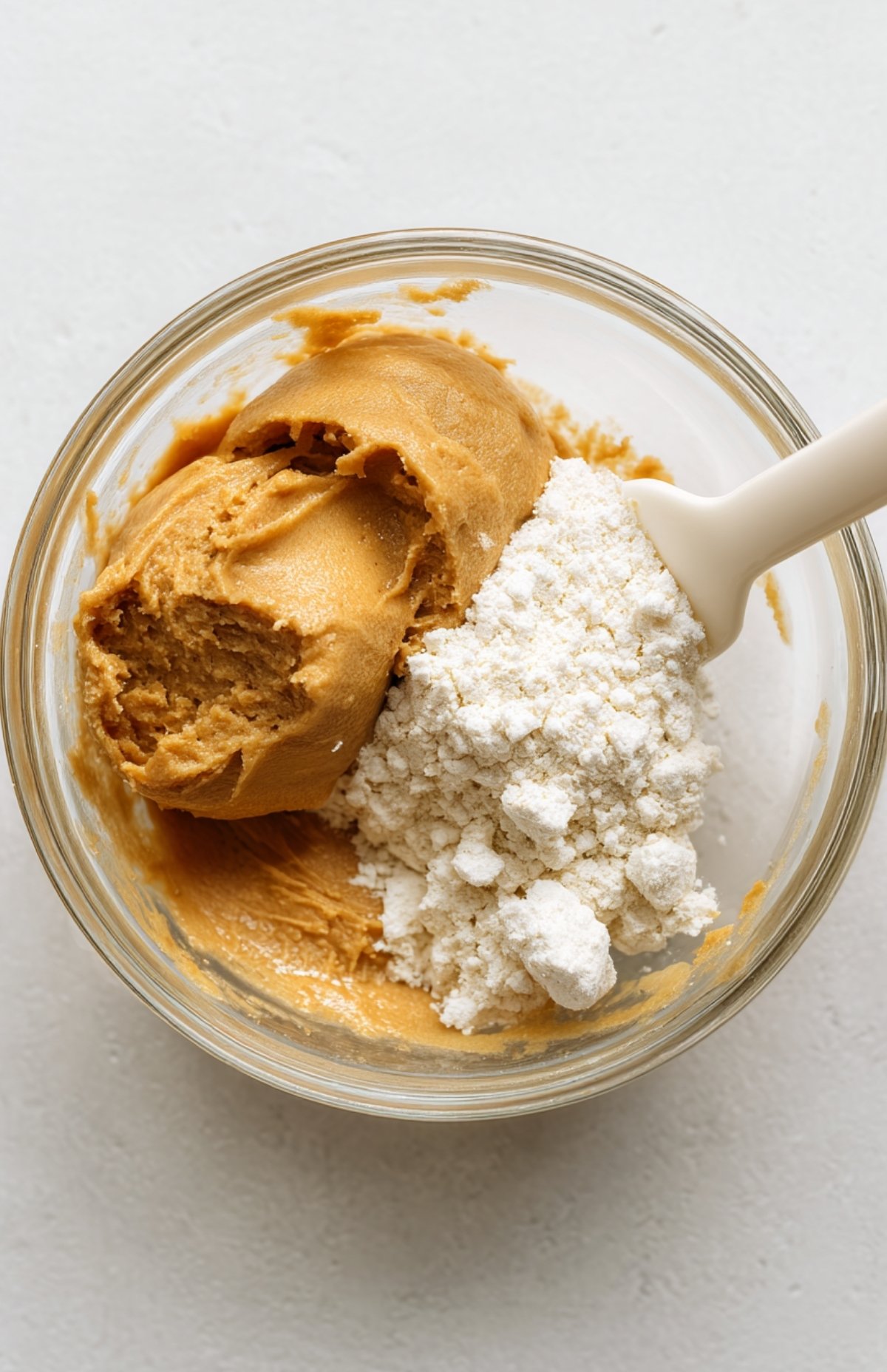 Glass bowl filled with smooth peanut butter and honey mixture being stirred into a thick dough for birthday cake protein balls.