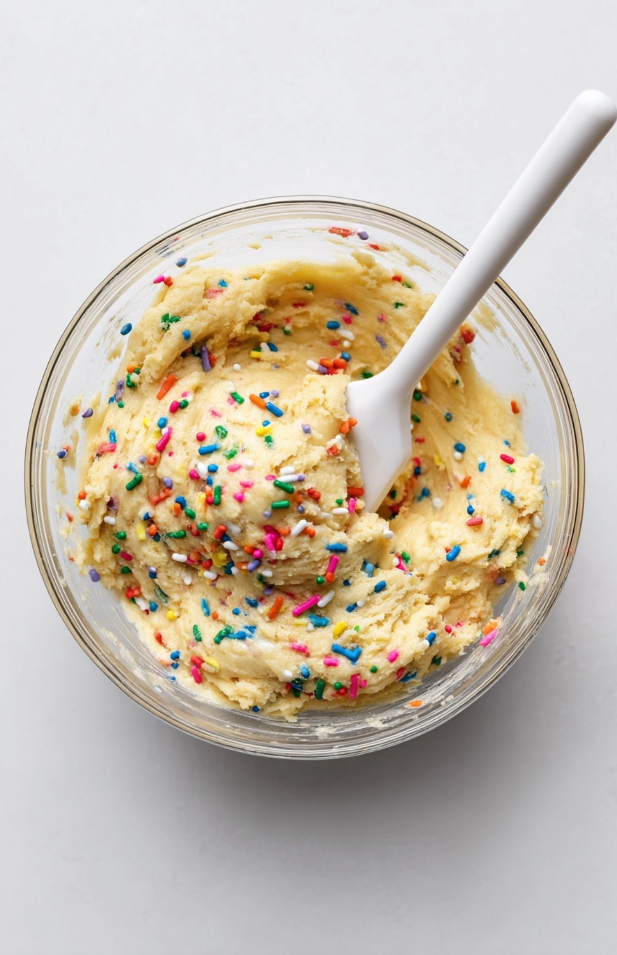 Bowl of protein ball dough mixed with bright rainbow sprinkles using a white spatula.