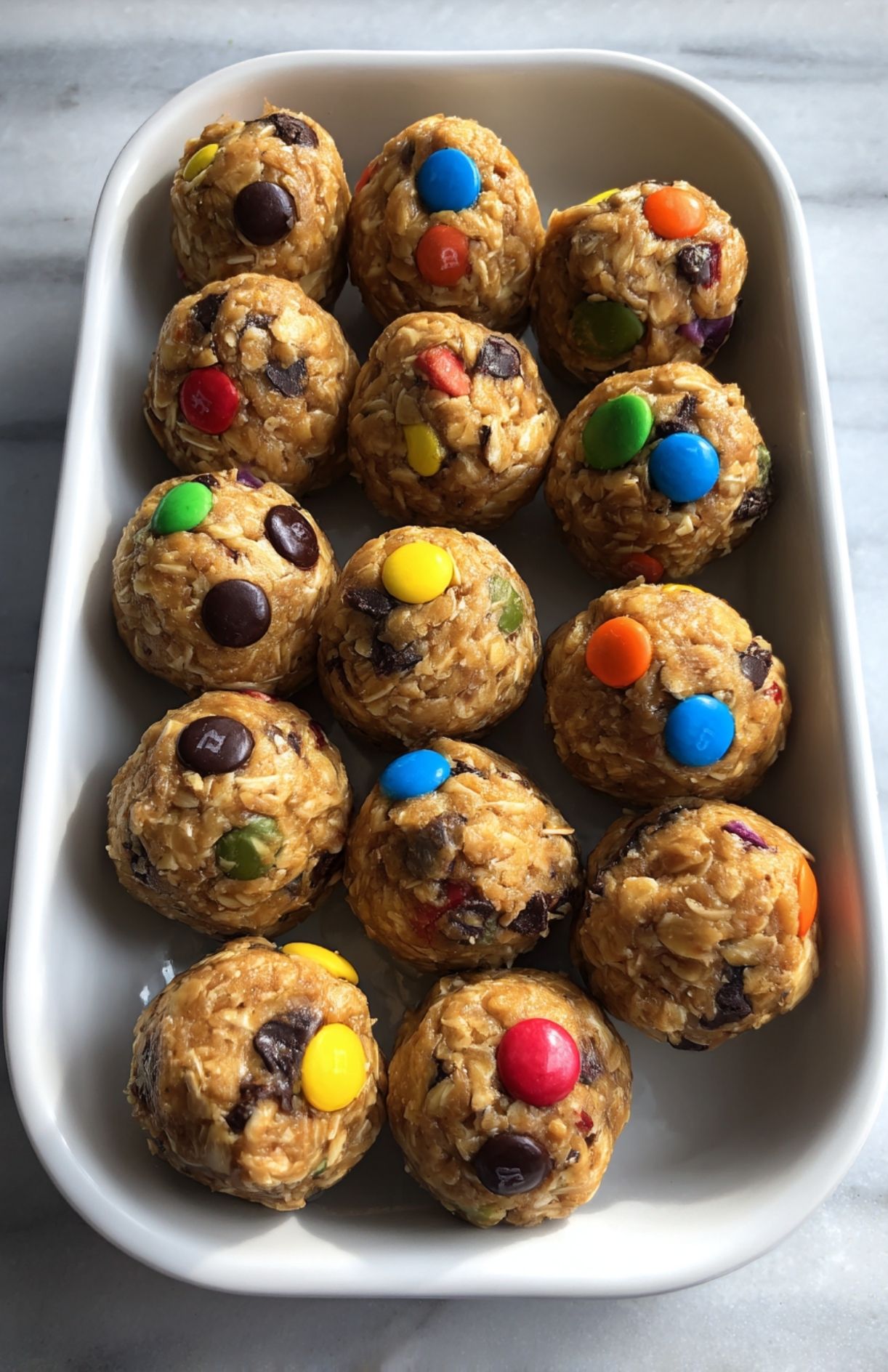 Protein-packed no bake energy balls arranged in a rectangular dish for meal prep.