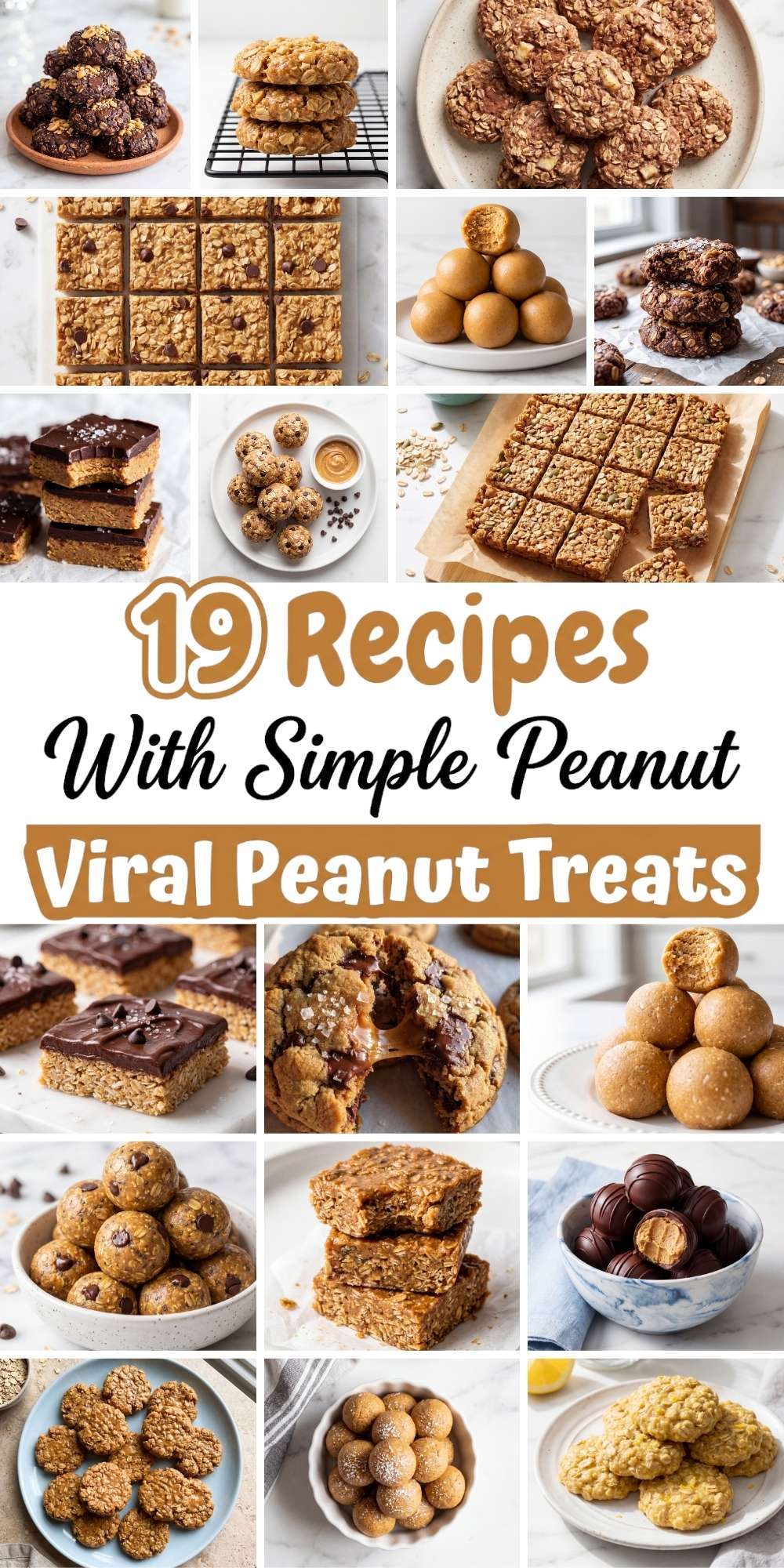 Collage of no bake peanut butter recipes including cookies, bars, and energy bites arranged in a grid