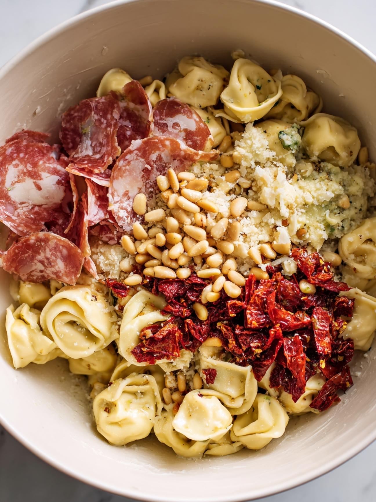 step 3 - pesto tortellini pasta salad