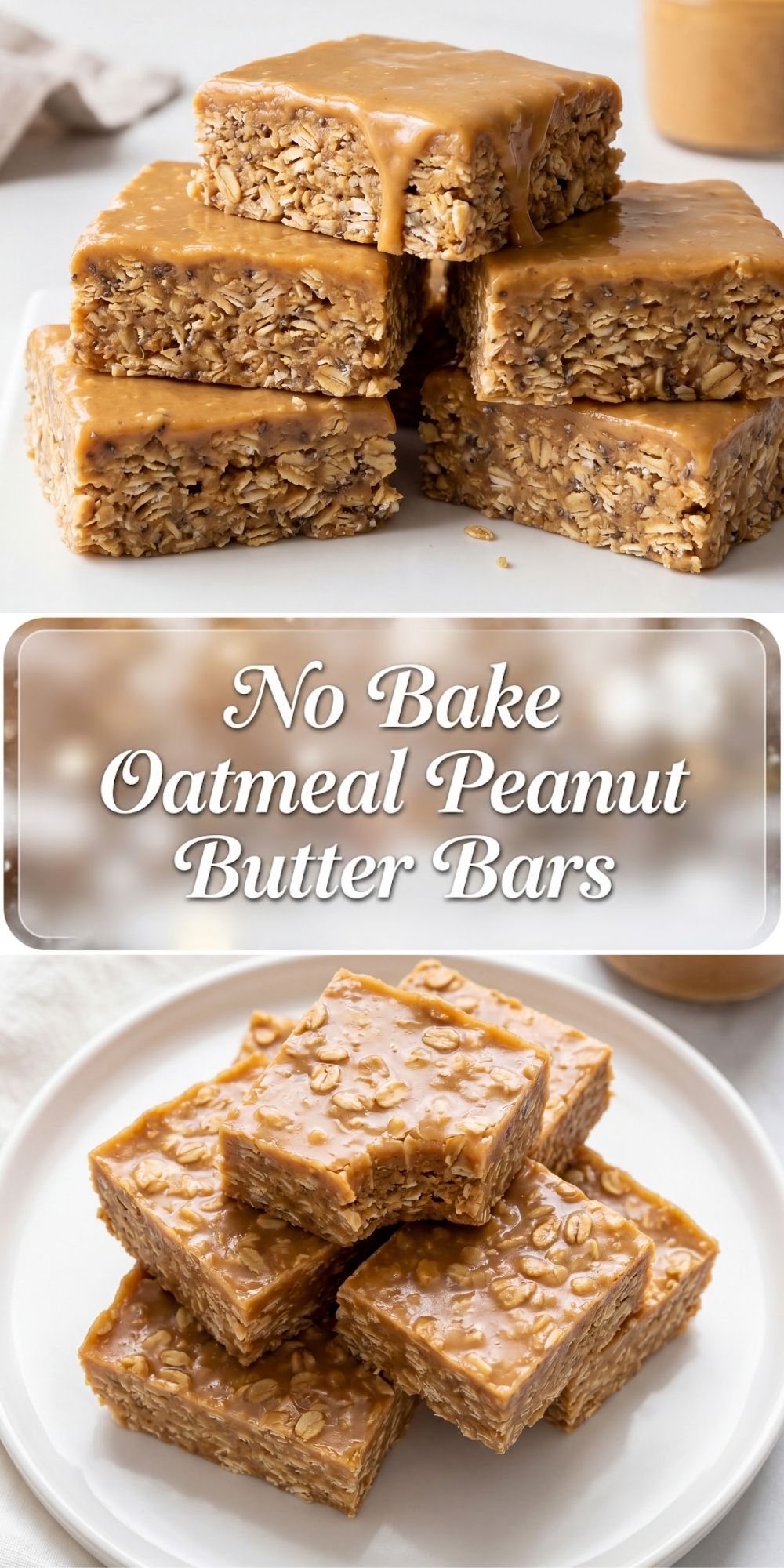 no bake oatmeal peanut butter bars stacked with creamy topping easy healthy snack made with oats peanut butter and maple syrup