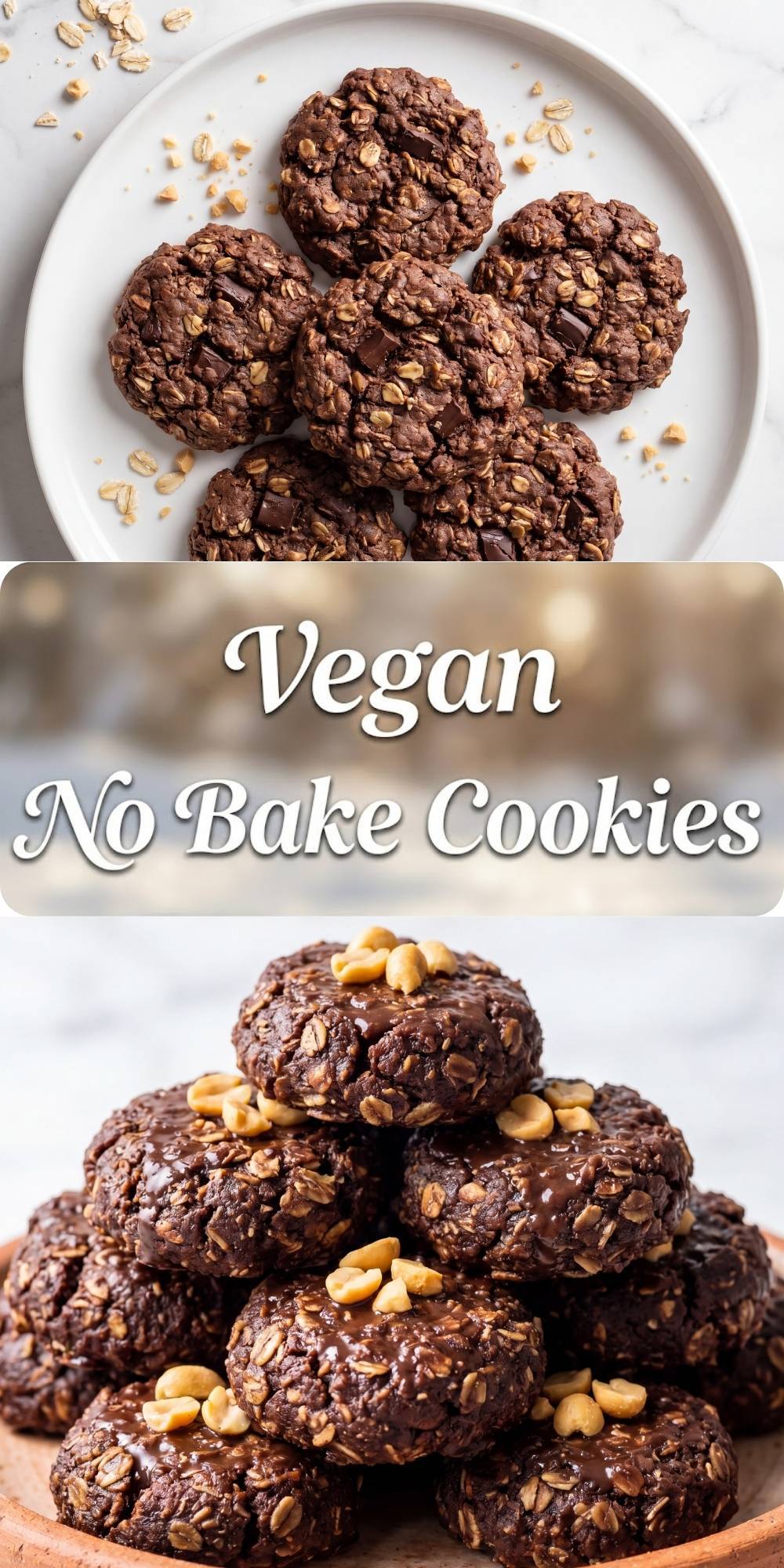 vegan no bake cookies pin cover with chocolate oat cookies stack easy no bake vegan dessert