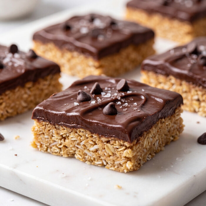 No Bake Oat Bars with chocolate topping and peanut butter base easy dessert and snack idea