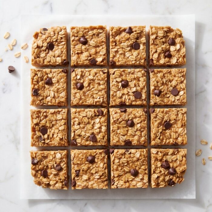 no bake peanut butter oatmeal bars cut into squares with oats peanut butter and chocolate chips easy healthy snack recipe simple no bake dessert