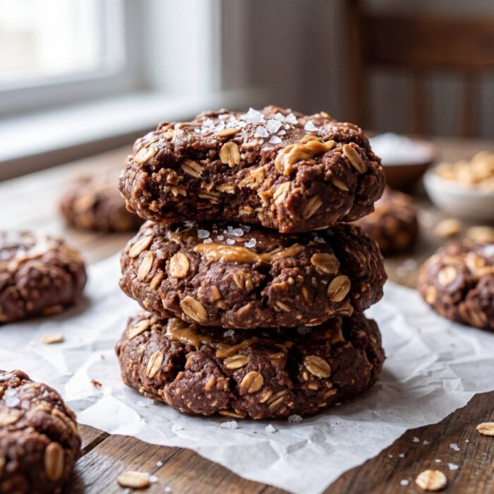 stacked no bake protein cookies with peanut butter oats and chocolate chunks healthy snack high protein treat
