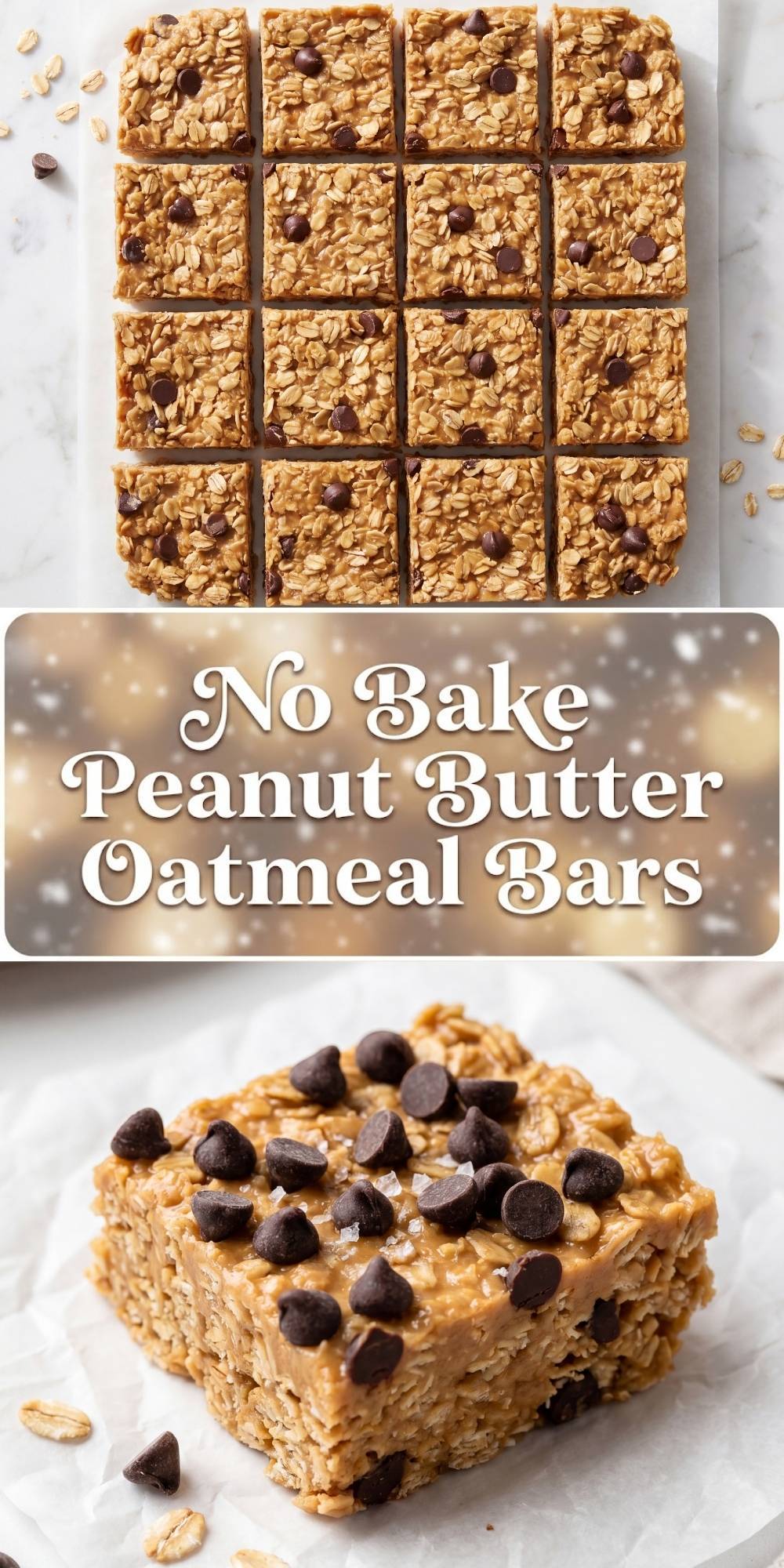 no bake peanut butter oatmeal bars cut into squares with chocolate chips easy healthy snack meal prep idea