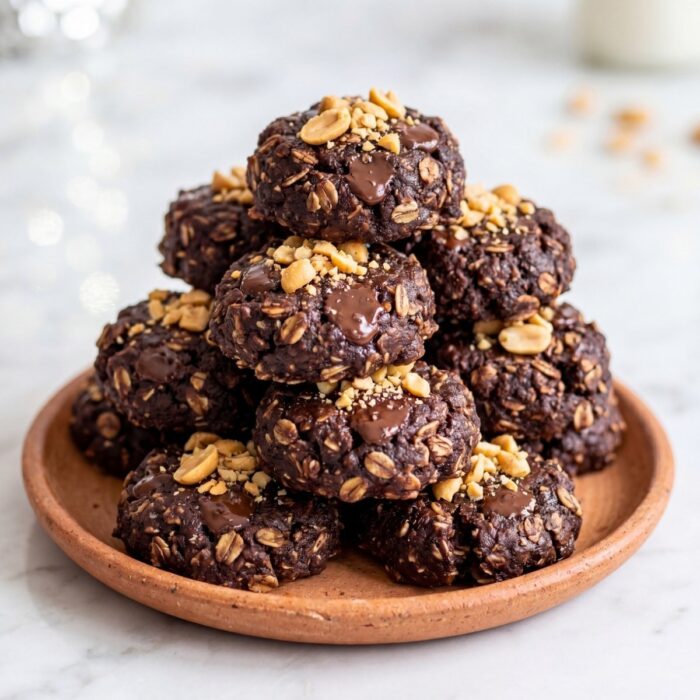 stacked vegan no bake cookies with chocolate chips and peanuts easy healthy dessert idea
