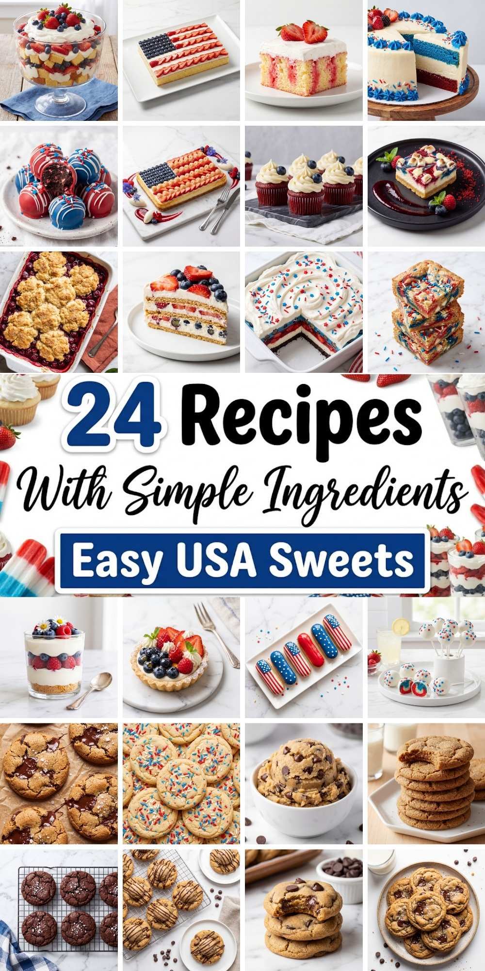 Collage of 24 easy USA sweets recipes featuring patriotic cakes, cupcakes, cookies, trifles, cake pops, tartlets, and red, white, and blue desserts for the 4th of July.