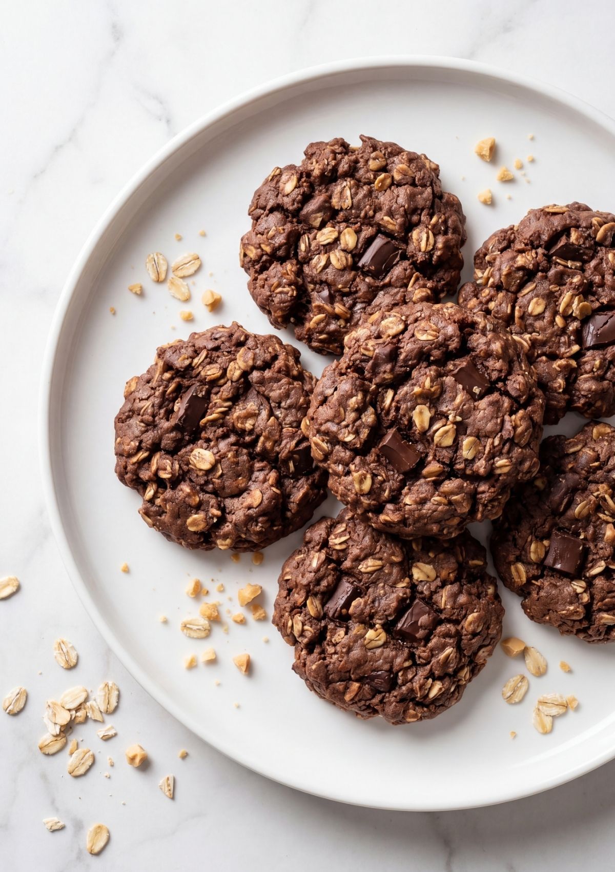Vegan no bake cookies with oats and chocolate chunks on a plate easy healthy dessert recipe