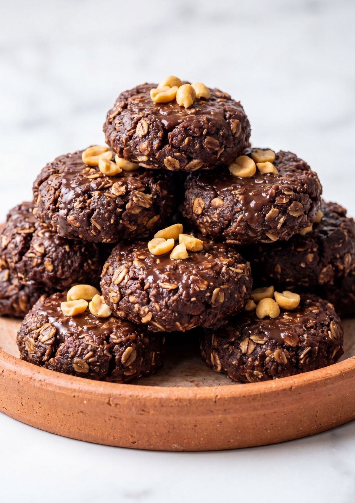 stacked vegan no bake cookies with peanut butter and chocolate drizzle easy no bake snack