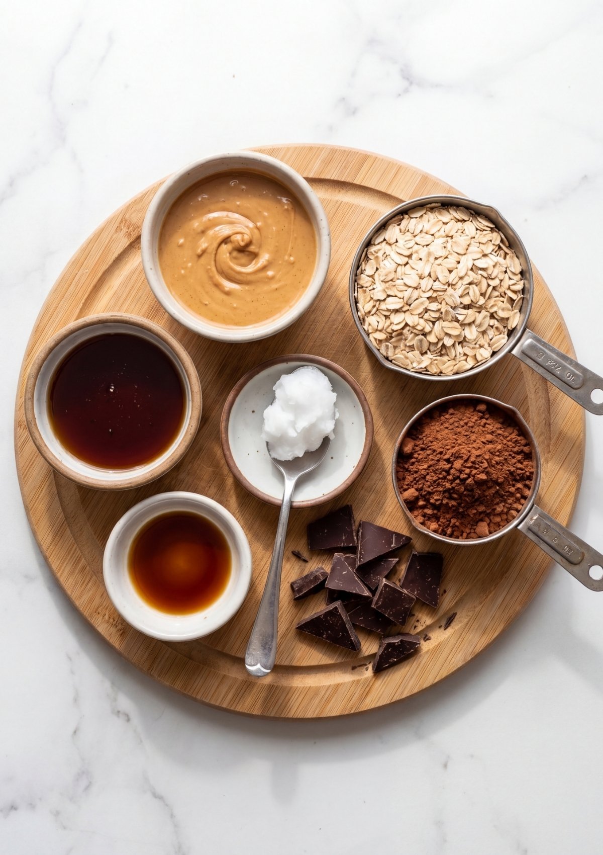 ingredients for vegan no bake cookies oats peanut butter cocoa chocolate maple syrup flat lay
