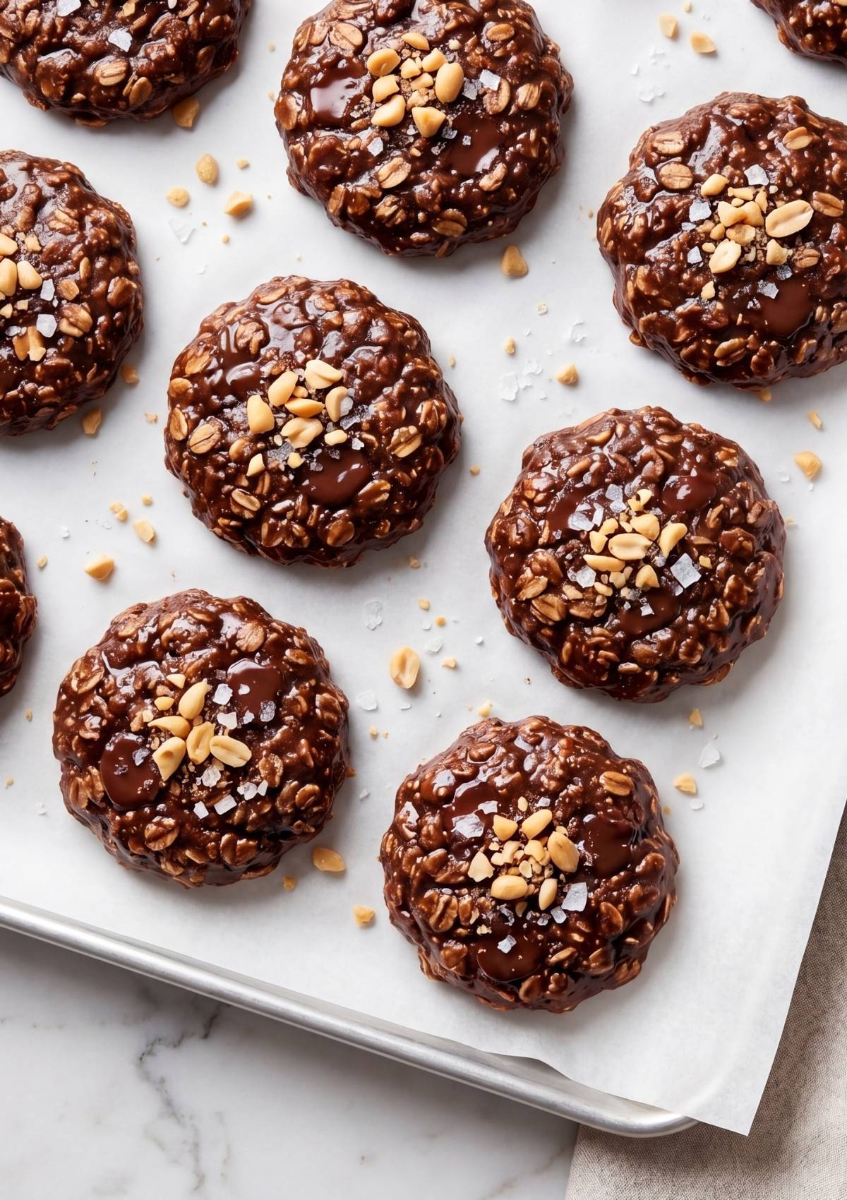 fudgy vegan no bake cookies with oats chocolate and sea salt on baking tray simple dessert