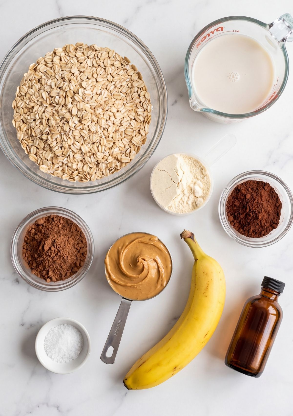 ingredients for protein no bake cookies oats peanut butter banana cocoa protein powder healthy snack prep