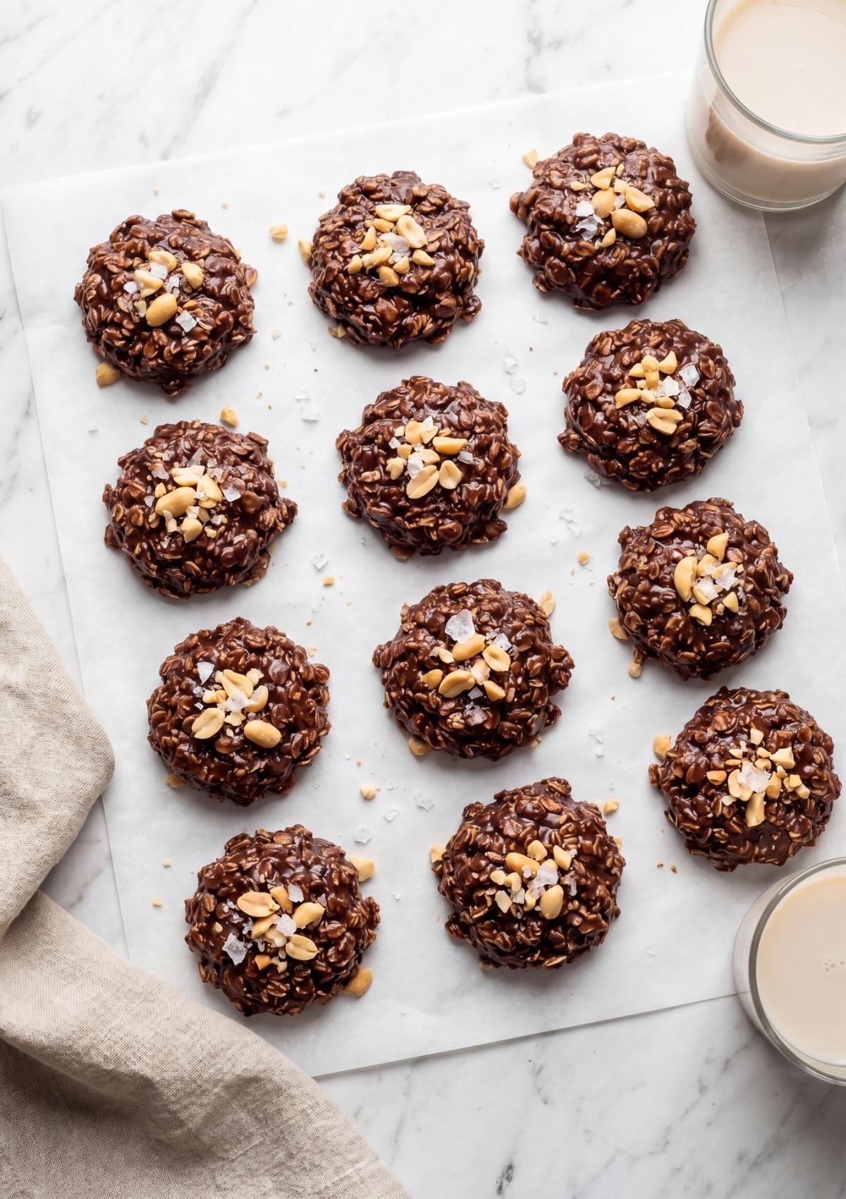 vegan no bake cookies shaped on parchment paper with peanuts ready to chill quick snack