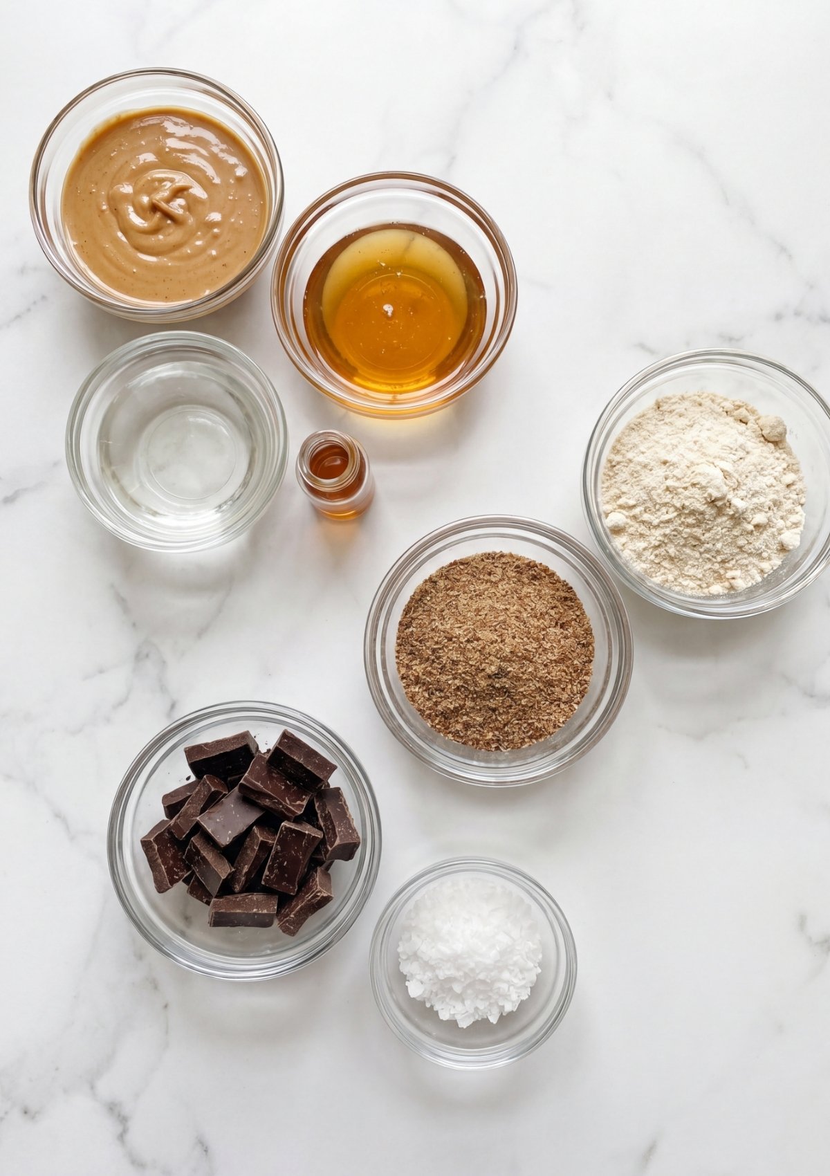 ingredients for no bake protein bars peanut butter honey protein powder chocolate and oats