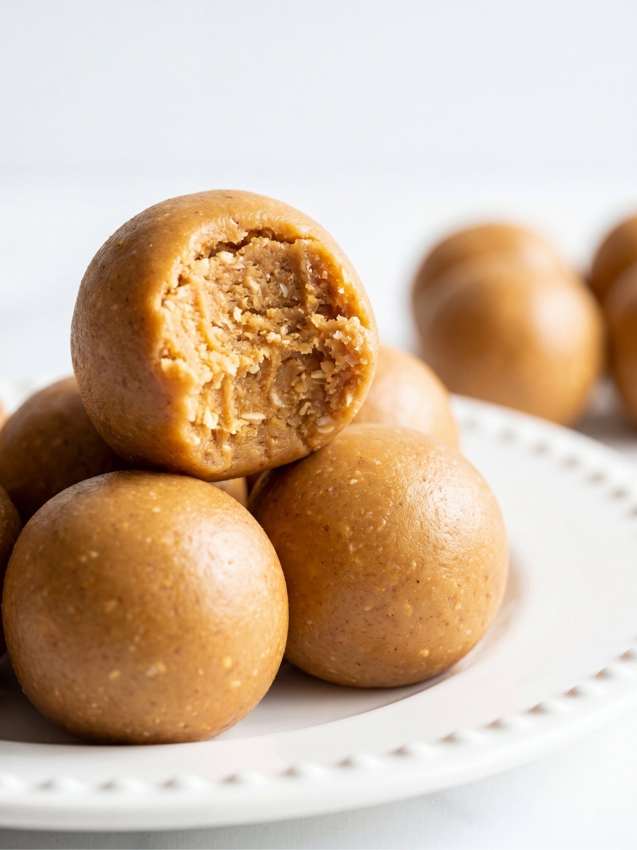 close up of 3 ingredient no bake peanut butter balls showing soft chewy inside quick easy no bake treat