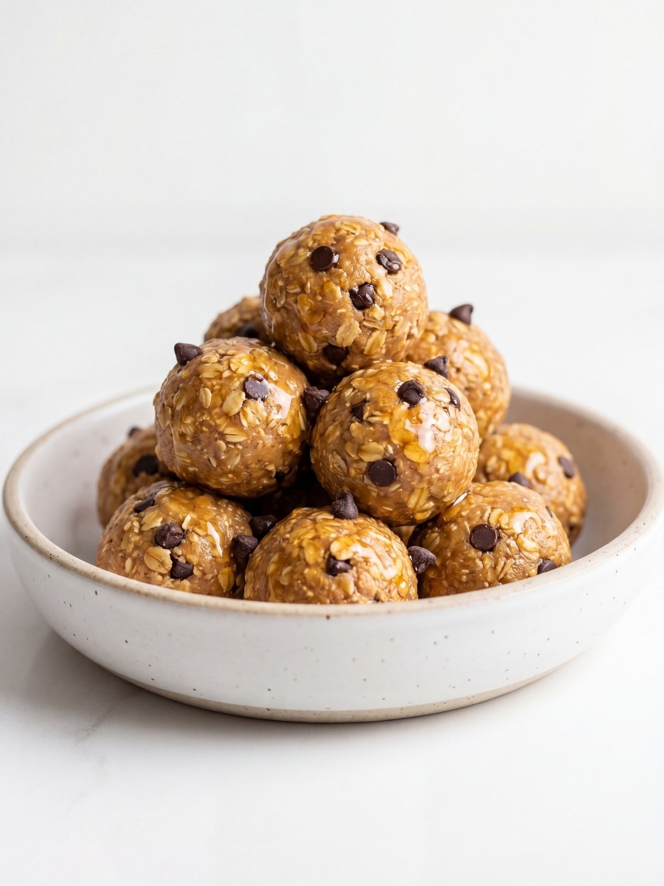 mixing oats peanut butter honey and chocolate chips in bowl for no bake peanut butter protein balls recipe