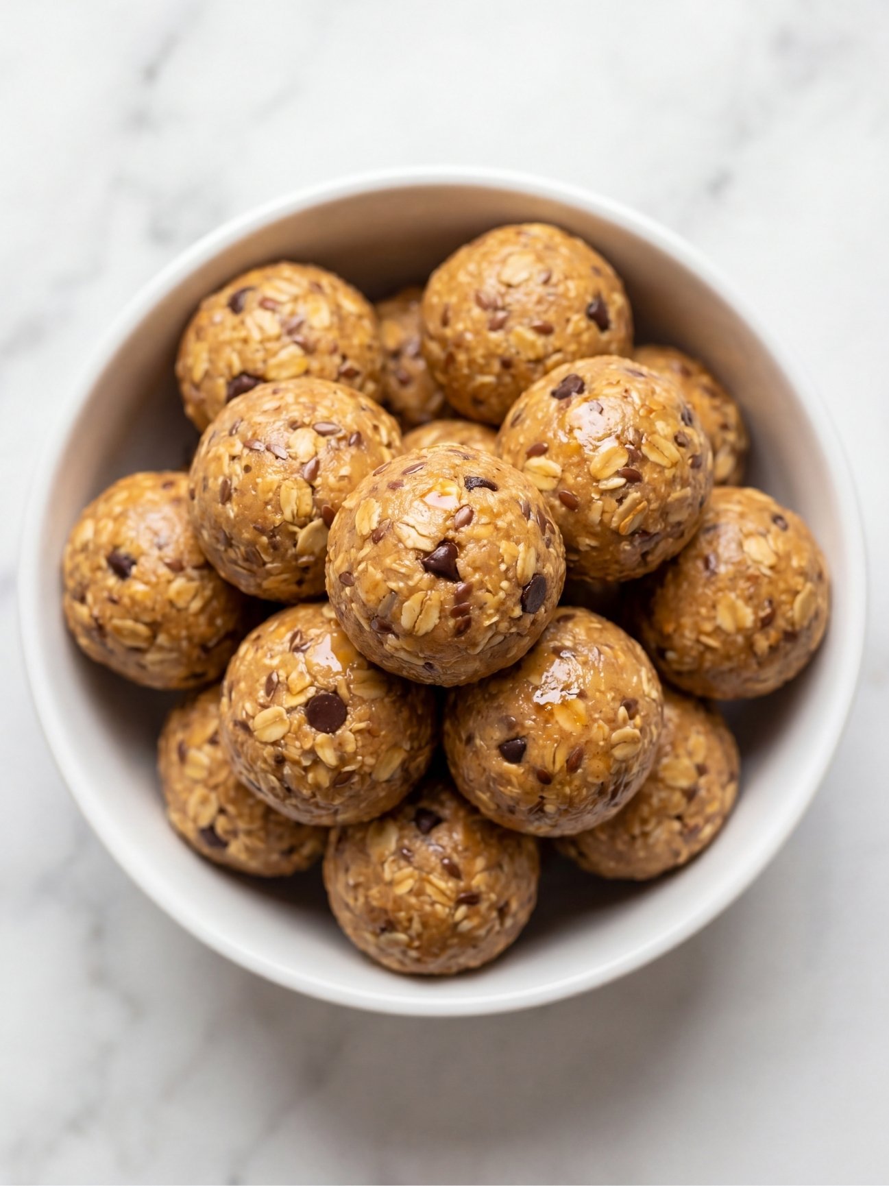 no bake peanut butter protein balls in bowl soft chewy high protein snack with oats and peanut butter