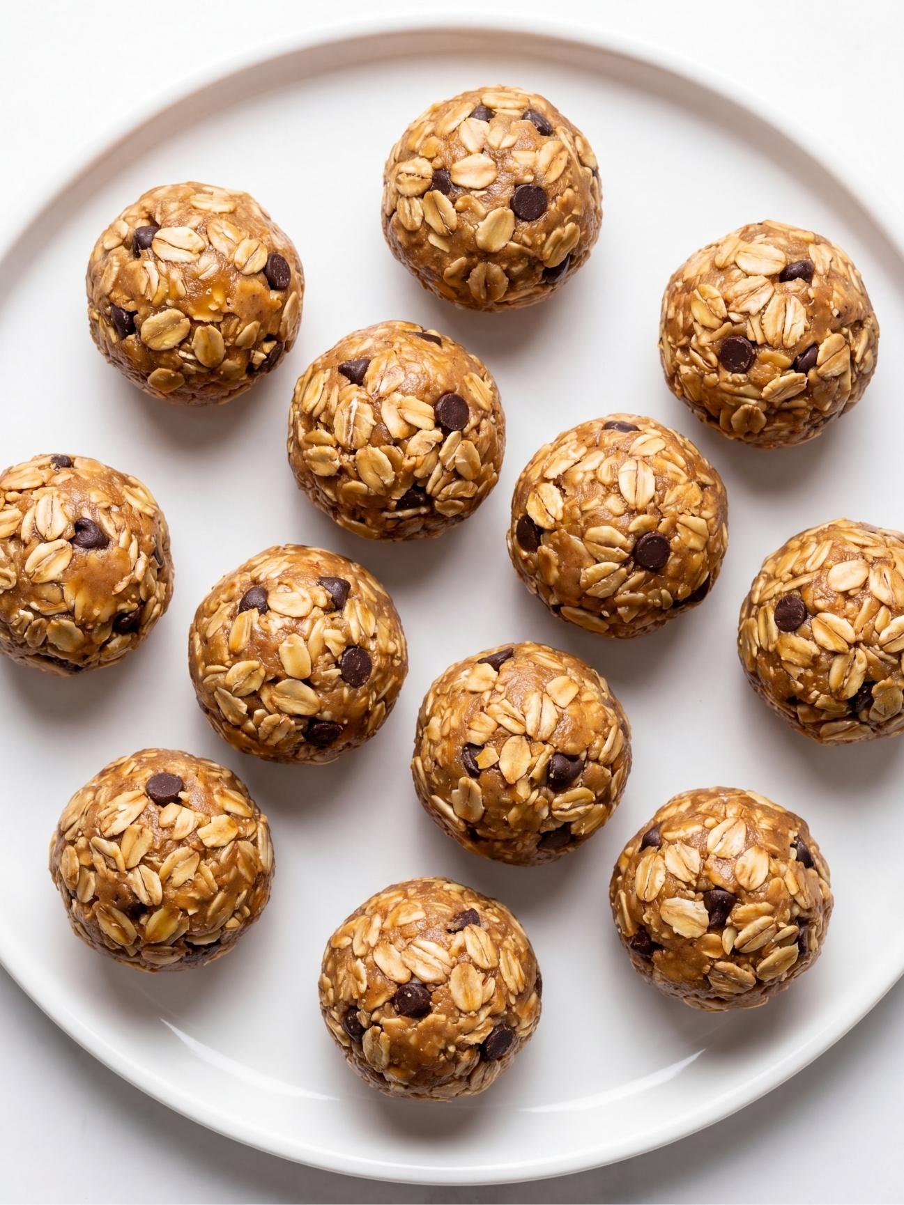 no bake peanut butter protein balls on plate easy healthy snack with oats peanut butter and chocolate chips