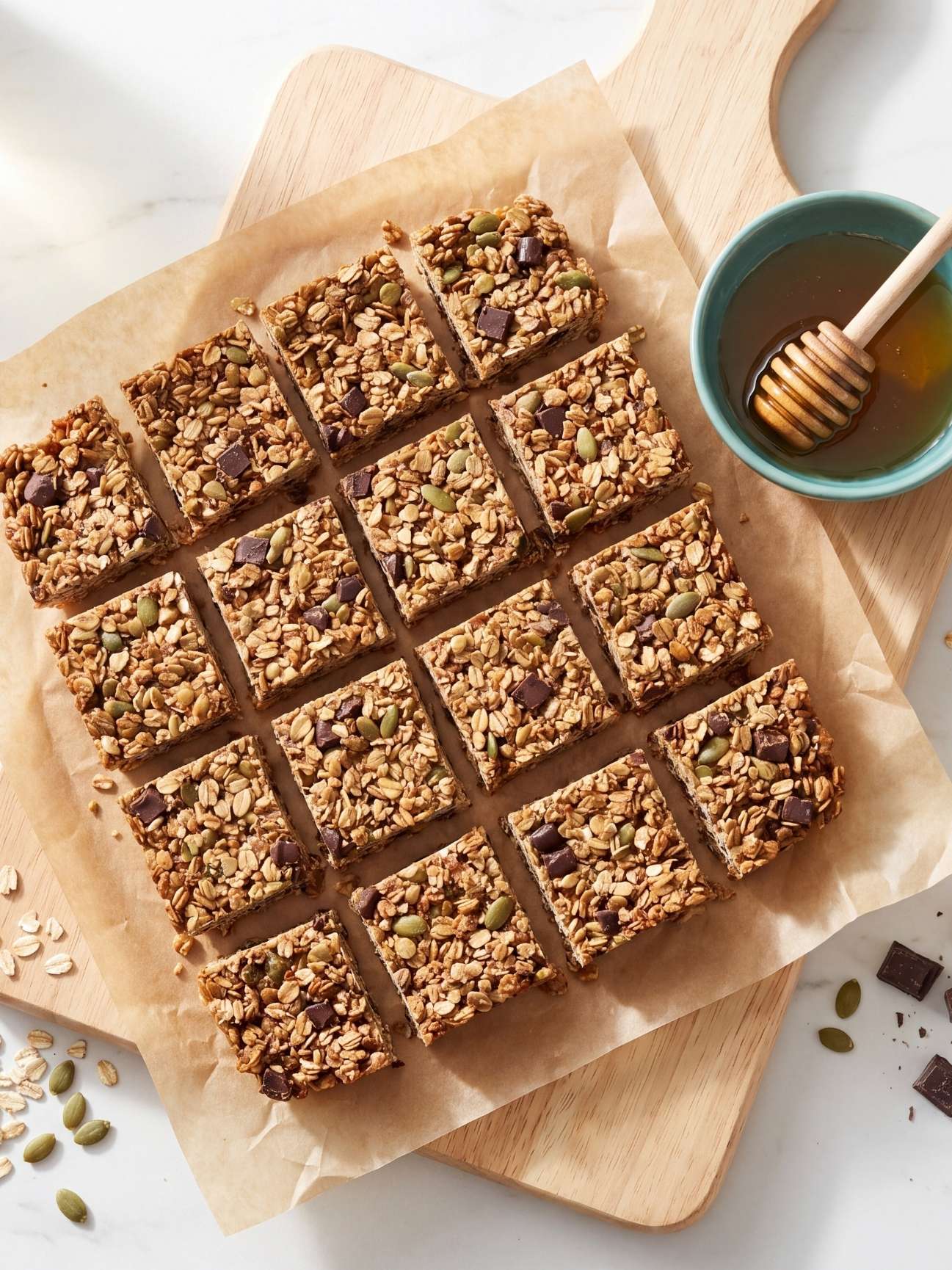 no bake granola bars cut into squares with oats seeds and chocolate easy healthy snack